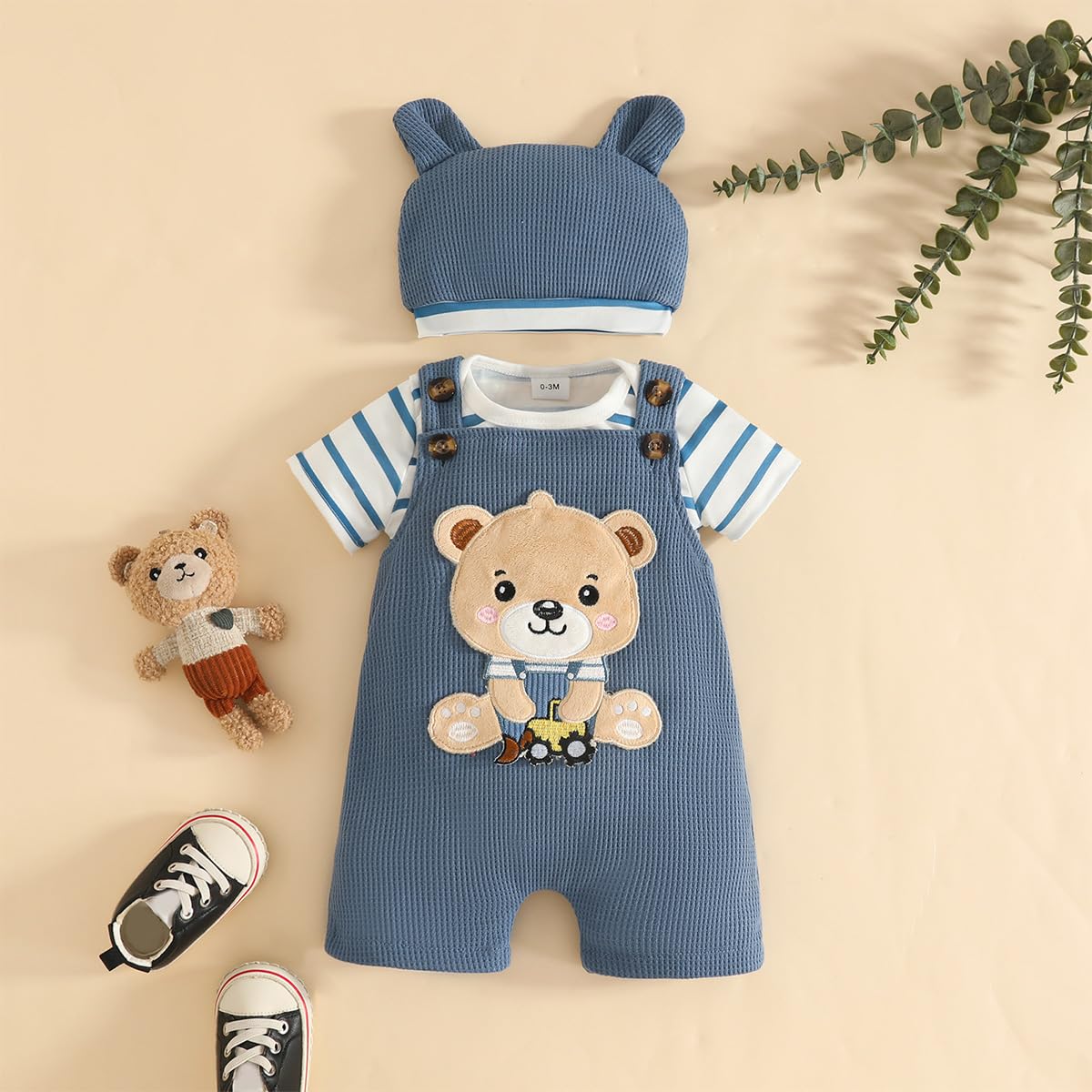 Baby Jungen Overall Set Kleidung Kurzarm Gestreiftes Oberteil + Süßer Tierdruck Hosenträger + Mütze 3Pcs Sommer Outfit 0-18 Monate