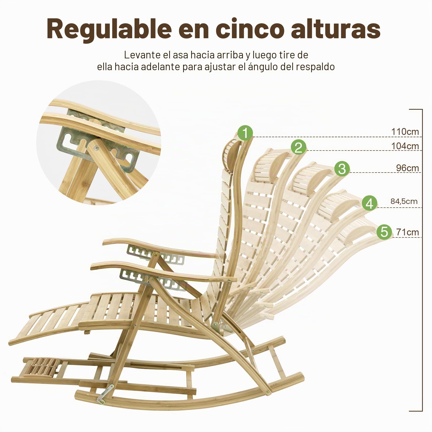 FATIVO Silla Mecedora de Jardín, Silla Tumbona Bambú Sillón Reclinable de Bambú Plegable con Reposapiés y Masaje de Pies 5 Posición Ajustable para Terraza Balcón Jardín Patio