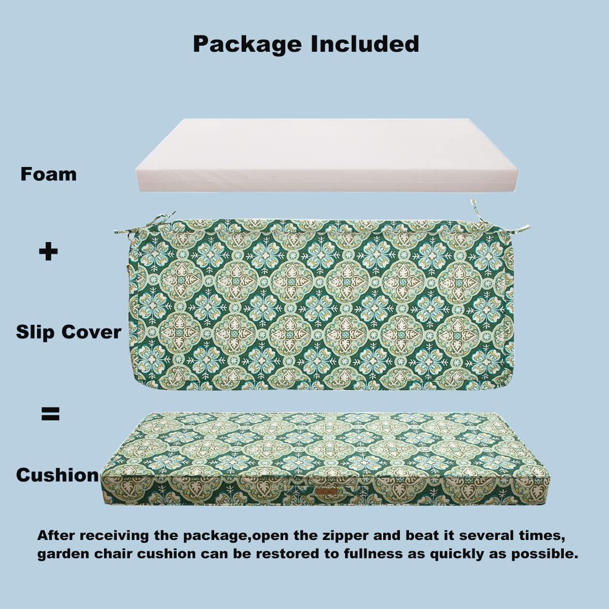 FUNHOME Outdoor Bench Cushion Water-Repellent, 48 x 18 Inch Outdoor Loveseat Cushion for Outdoor Furniture, Settee Cushions with Handle and Straps, Patio Couch Cushion 1 Pack, Green Medal