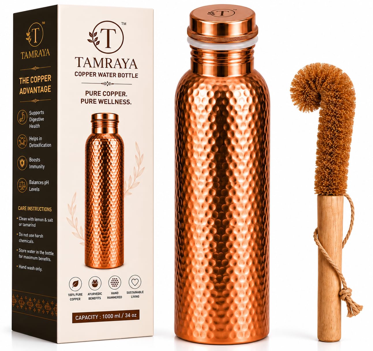 Tamraya Pure Hammered Copper Water Bottle 34 oz (1000 ml) with Cleaning Brush | 100% Pure Copper | Leakproof Ayurvedic Drinking Bottle | Reusable Water Bottle for Home, Office, Gym & Travel