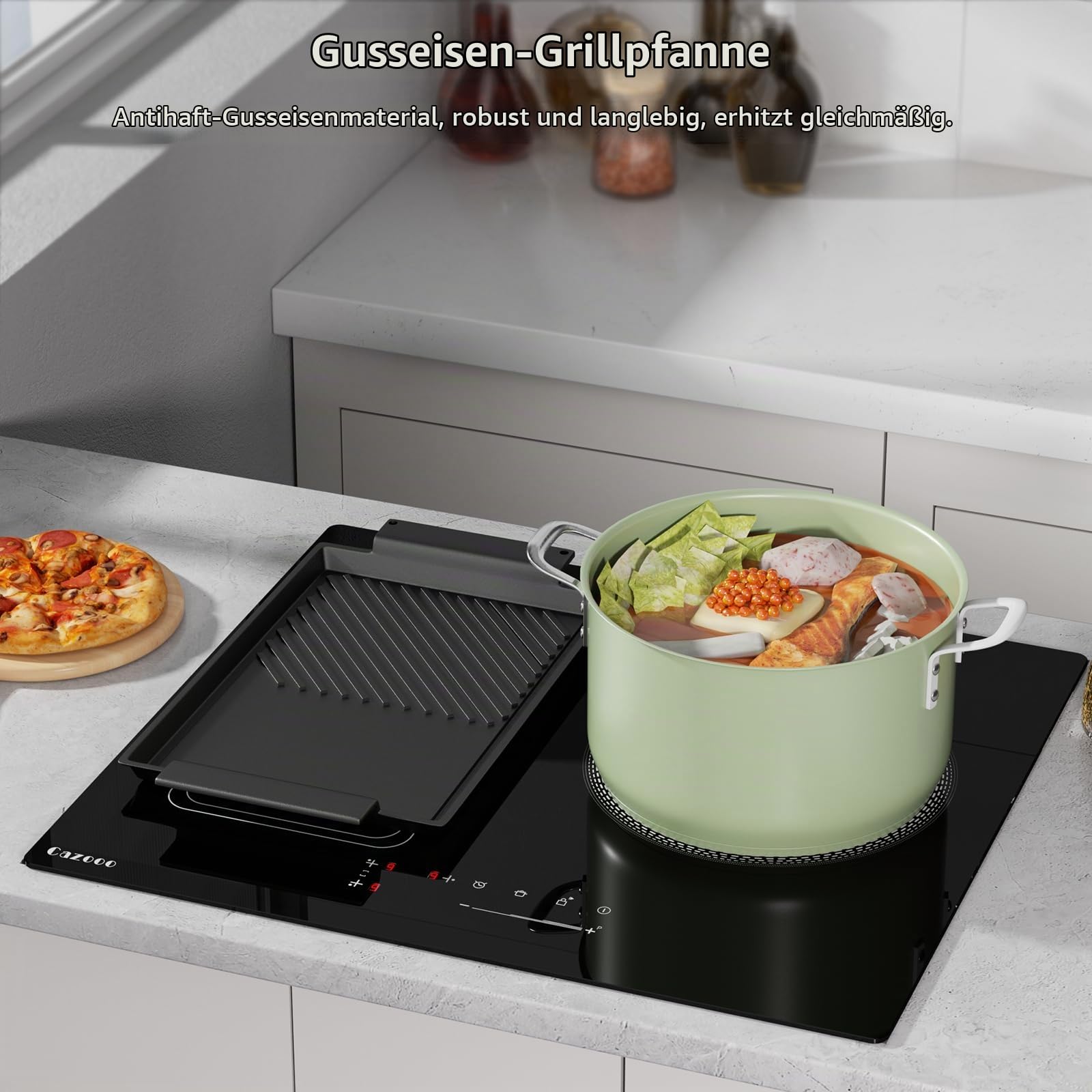 Grillplatte 38x21 cm mit Seitengriffen Aufhängeloch glatte antihaftbeschichtete Plancha aus Gusseisen Guss für alle Herdarten inkl. Induktion & Backofen
