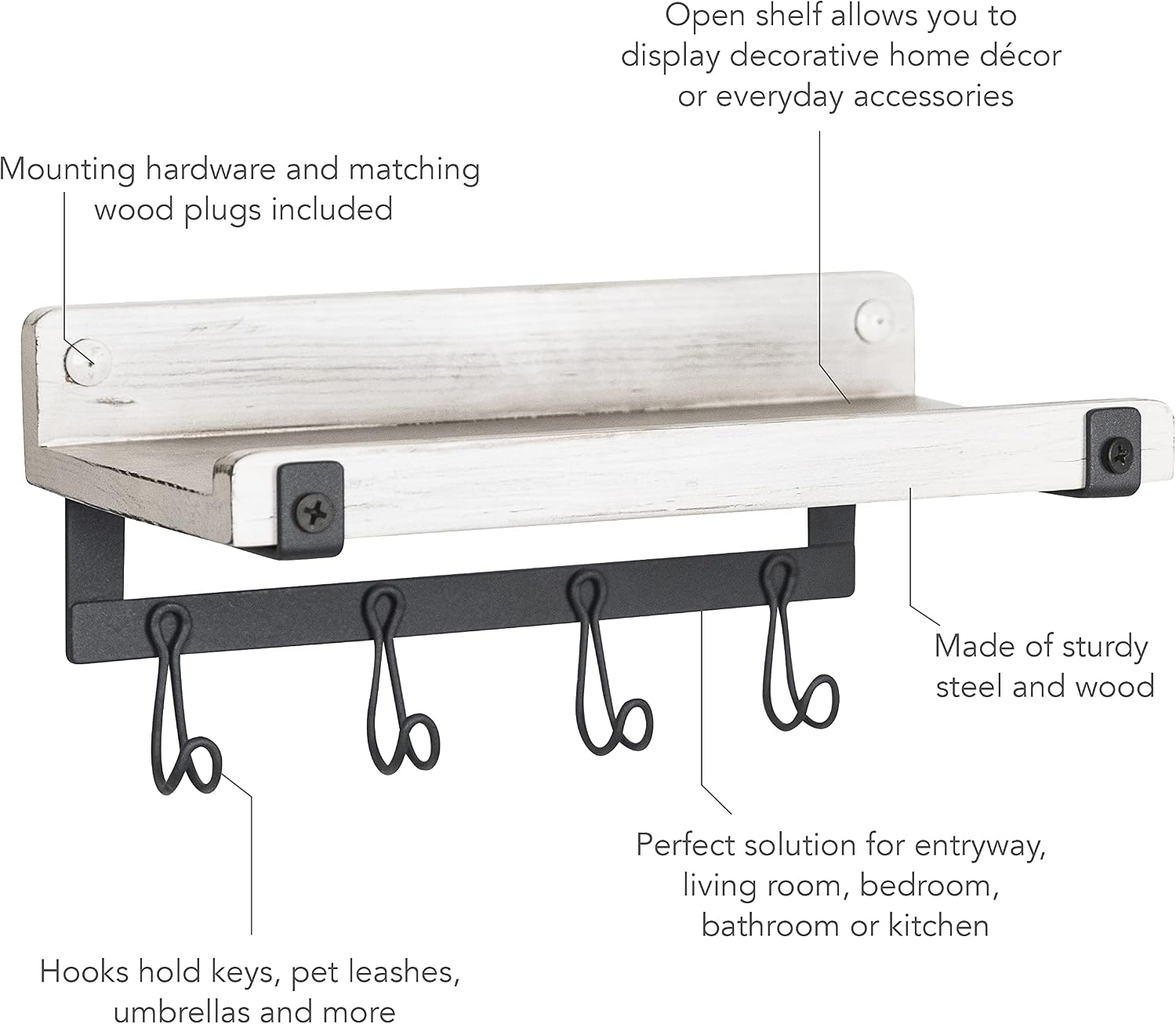 Spectrum Entryway Shelf with Hooks Wall Mounted Wood Hook Station Entry Storage Organizer for Coats Keys Hats Purses Jackets, Easy Mount Hanging White Coat Rack Shelf with Industrial Gray Hooks
