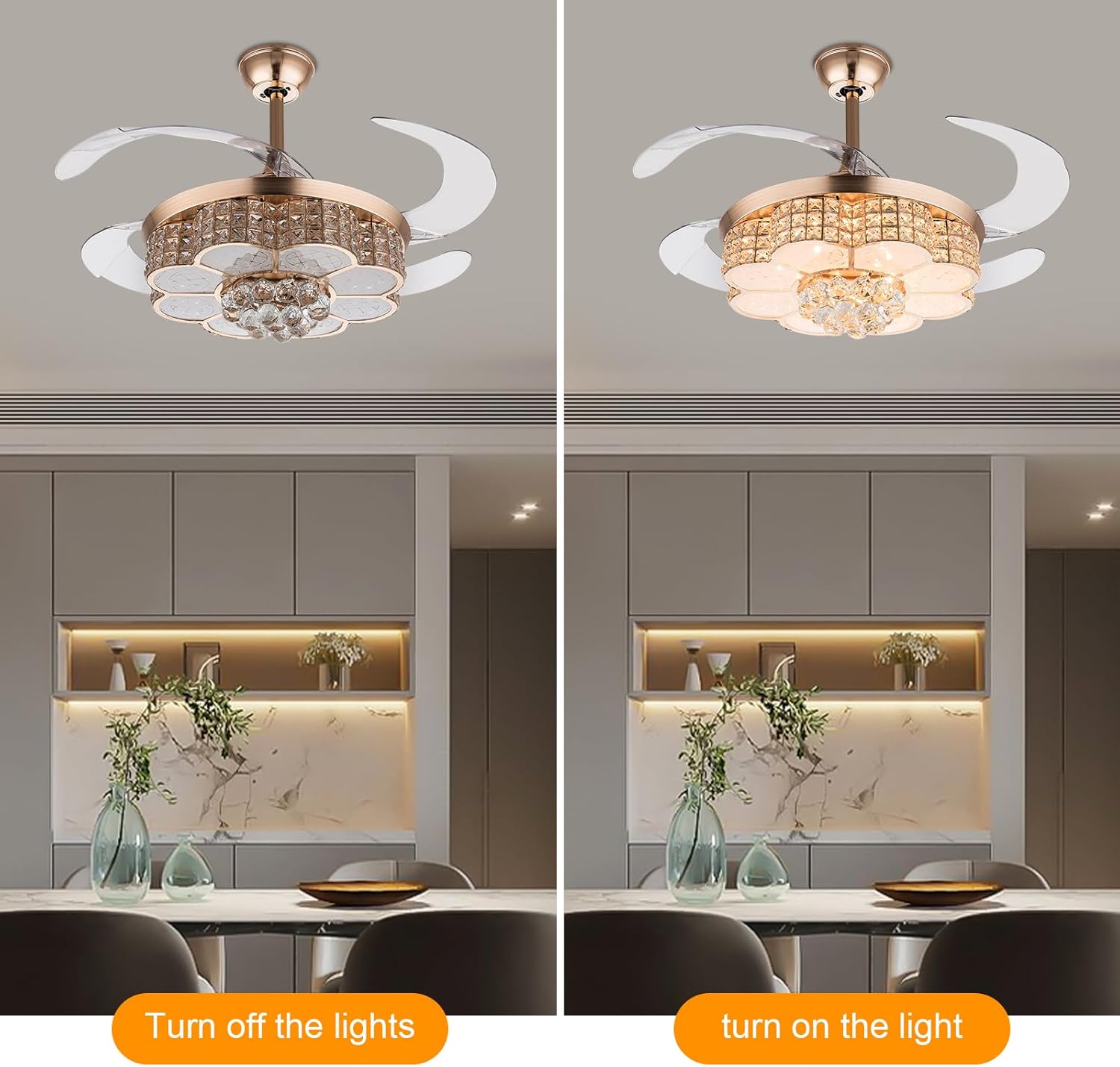 42'' Modern Crystal Chandelier Ceiling Fan with Lights and Remote Reversible Fandelier LED Dimmable Retractable Fan Chandelier Flush Mount Crystal Fandeliers for Dining Room Bedroom,Gold