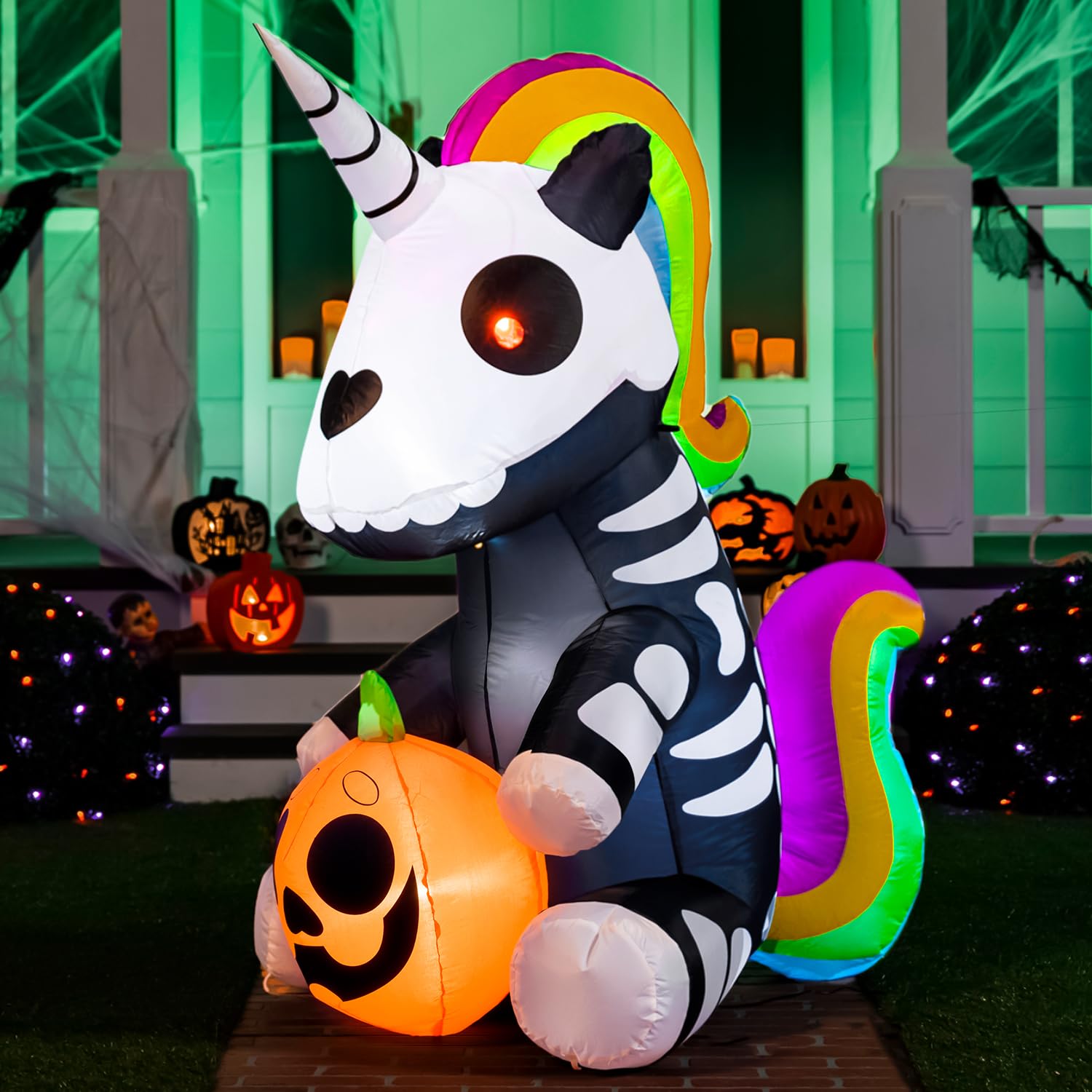 Joiedomi Aufblasbares Halloween-Skelett-Einhorn, 152 cm, aufblasbar, mit eingebauten LEDs, aufblasbar, für Halloween-Party, drinnen, draußen, Hof, Garten, Rasendekorationen
