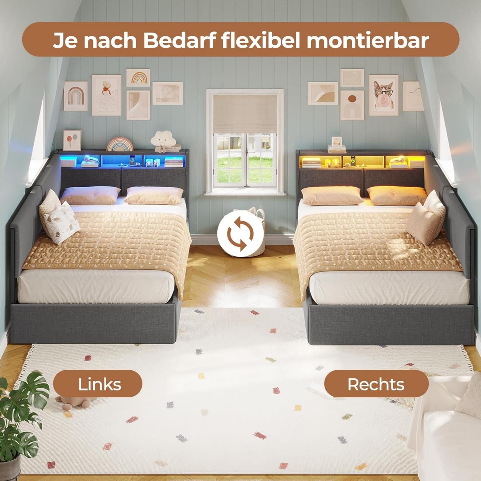 AOGLLATI Letto Singolo con Contenitore Idraulico 90x200, Divano Letto Singolo con Testiera Imbottita y Luce LED Regolabile, Struttura Letto Singolo con Stazione di Rricarica, Salvaspazio, Grigio Scuro