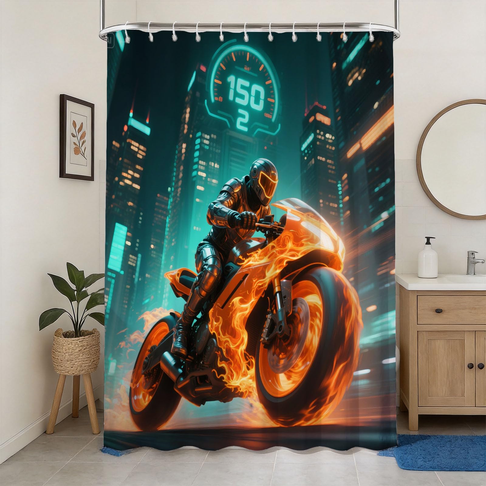 Hongduo 3D Flame Motorcycle Shower Curtain for Stalls Bathtubs Motorcycle Rider Bathroom Decor Shower Curtain Set Polyester Fabric Waterproof 200x200cm/79X79 Inch with Hooks