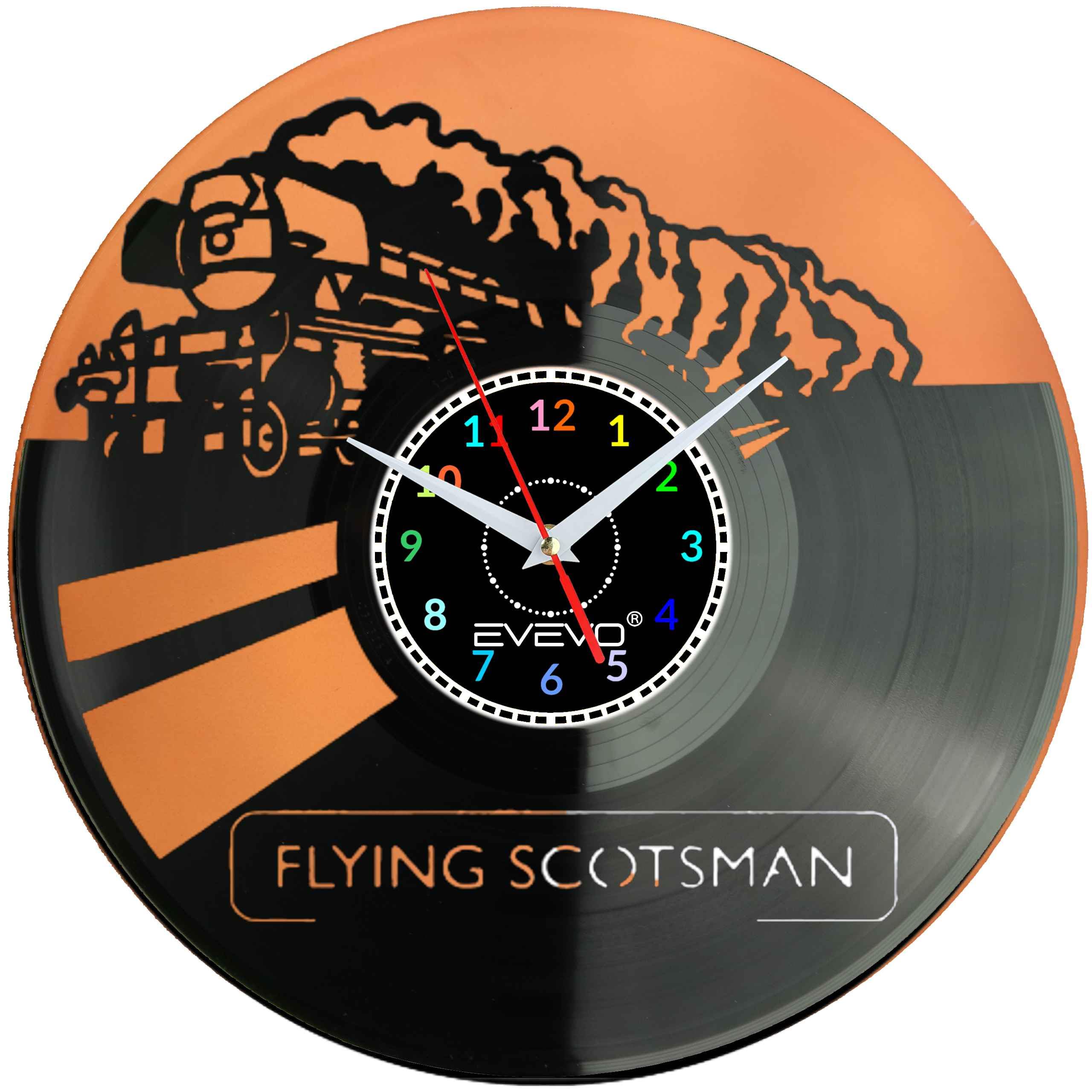 POCIĄG LOKOMOTYWA FLYING SCOTSMAN ZEGAR ŚCIENNY FLUORESCENCYJNE TŁO PŁYTA WINYLOWA PREZENT UPOMINEK URODZINY GIFT EVEVO F0053