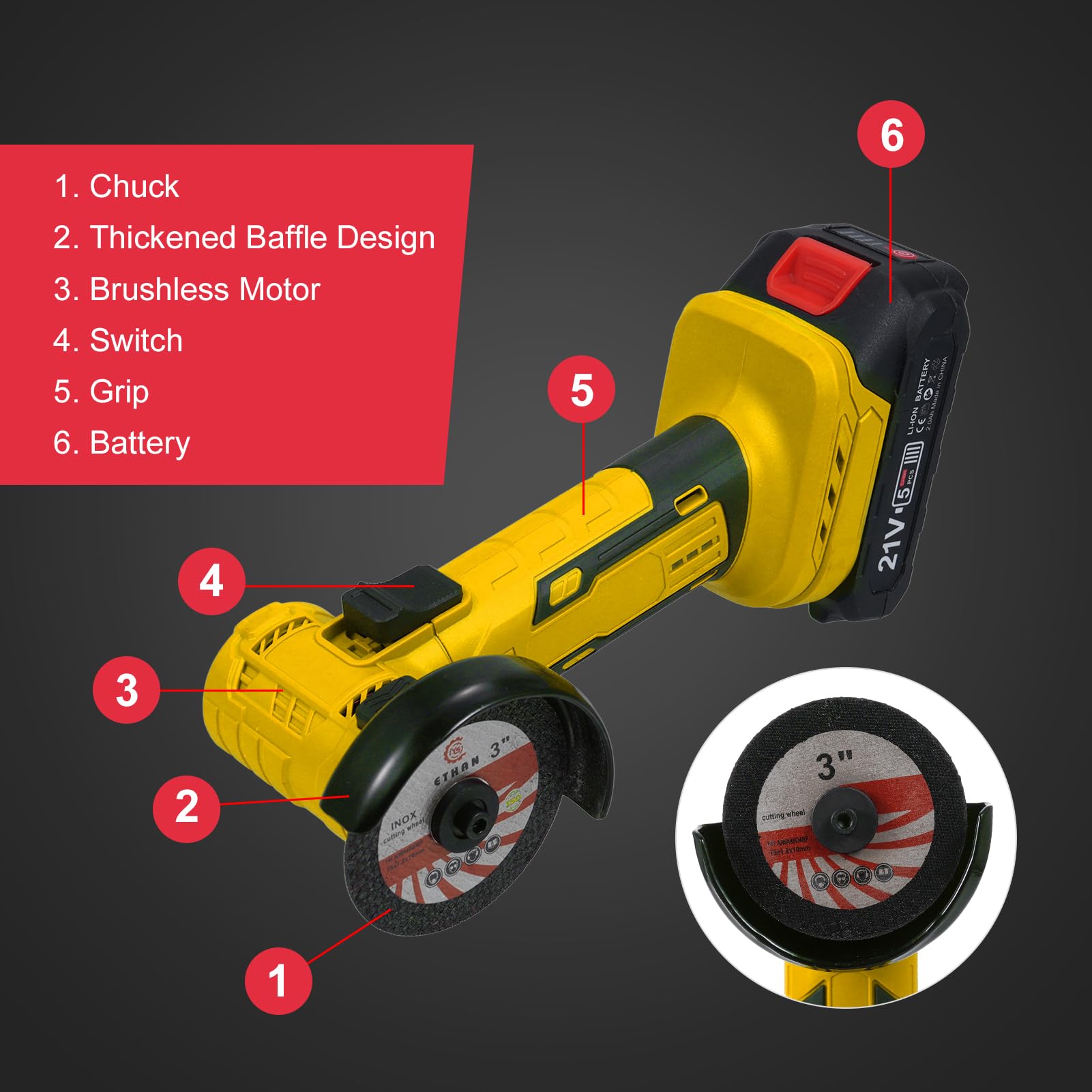 19000RPM Amoladora Bateria, Amoladora Angular Inalámbrica, | 2x2000mAh Baterías con 7 Muelas para Decoración del Hogar, Ranurado de Paneles de Pared y Corte de Suelos