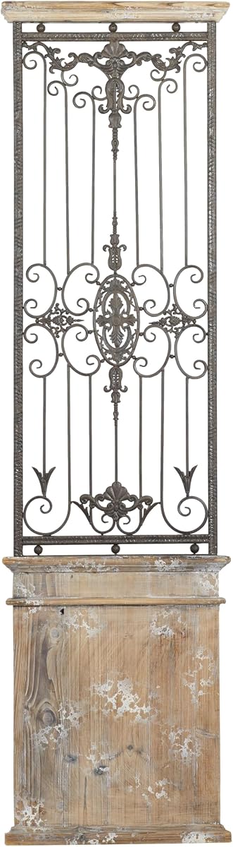 Deco 79 Wood Scroll Home Wall Decor Distressed Door Inspired Ornamental Panel Wall Sculpture with Black Metal Wire Details, Wall Art 20" x 3" x 71", Brown | Home Scroll Distressed Door Inspired Panel Wall Sculpture With Black Metal Wire Details Wall Sculptures Wall Art