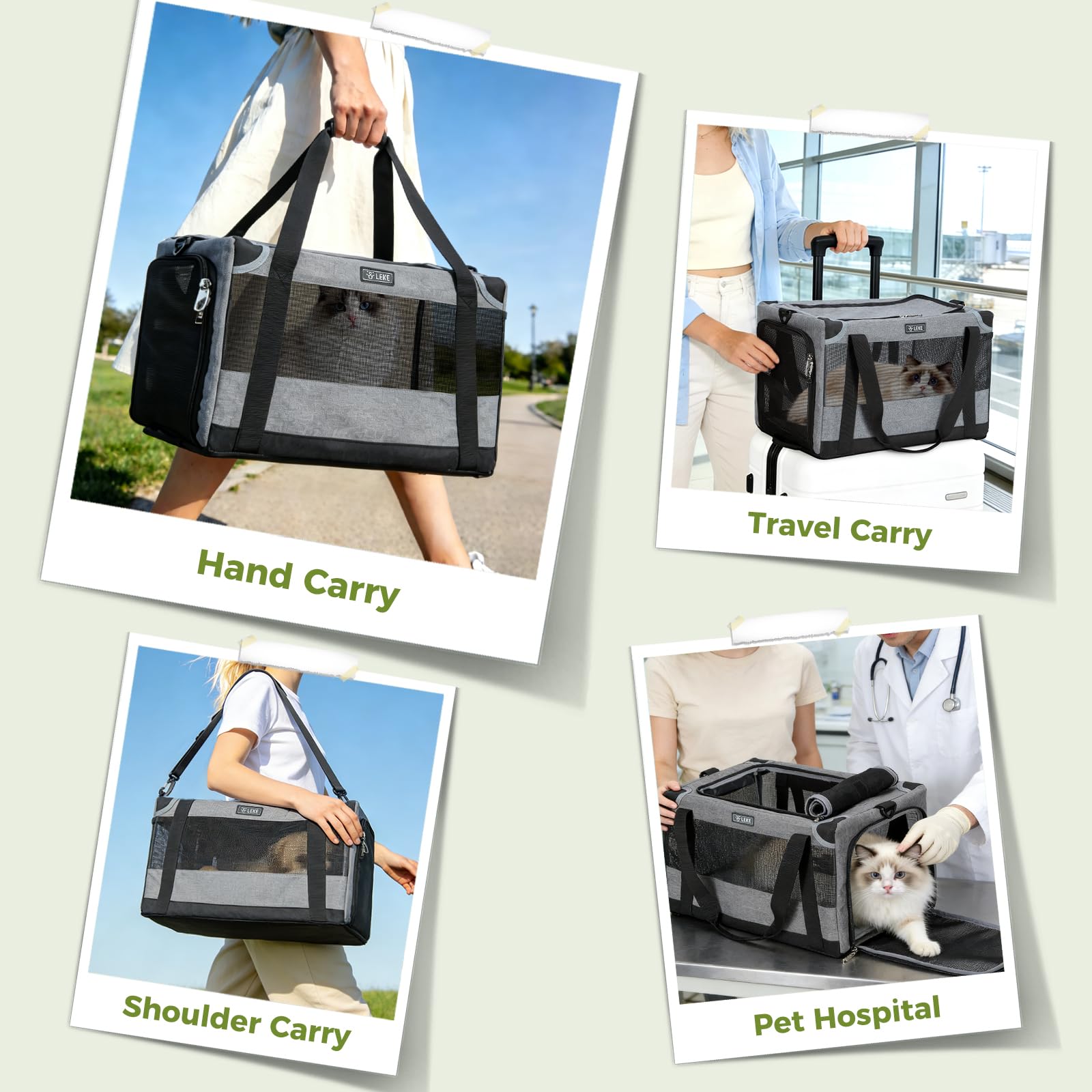 Lekesky Sac Transport Chat, Sac Voyage Chat avec Maille sur 4 Côtés, Approuvé Compagnie Aérienne, Caisse Transport Chats Pliable Stable pour Adapté aux Chats et Chiots Pesant Jusqu'à 7 Kg, Gris L