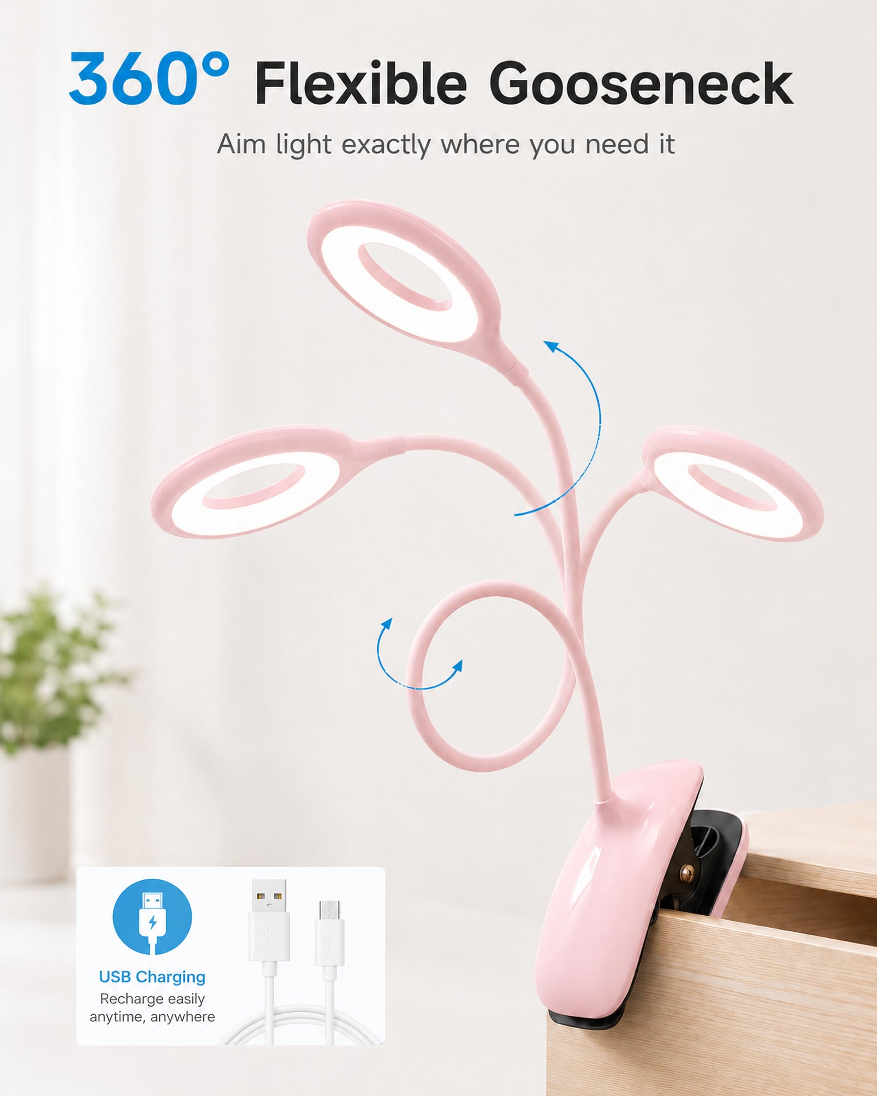 Lampada da lettura a clip, 5 W per testiera del letto, lampada da lettura alimentata a batteria, dimmerabile al tatto, luce da lettura ricaricabile tramite USB, luce a morsetto per braccio