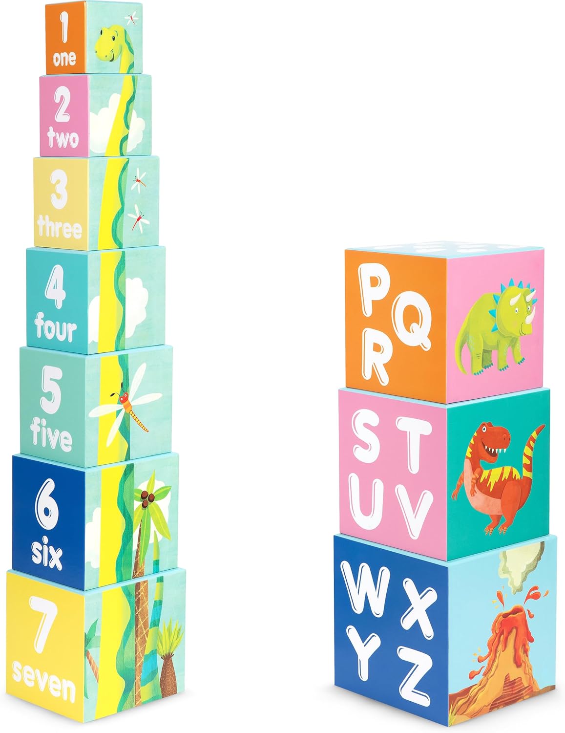 boppi Baby Stacking Blocks Dinosaur Toys with Letters and Numbers, Montessori Cubes for Toddlers, Preschool Learning Toys