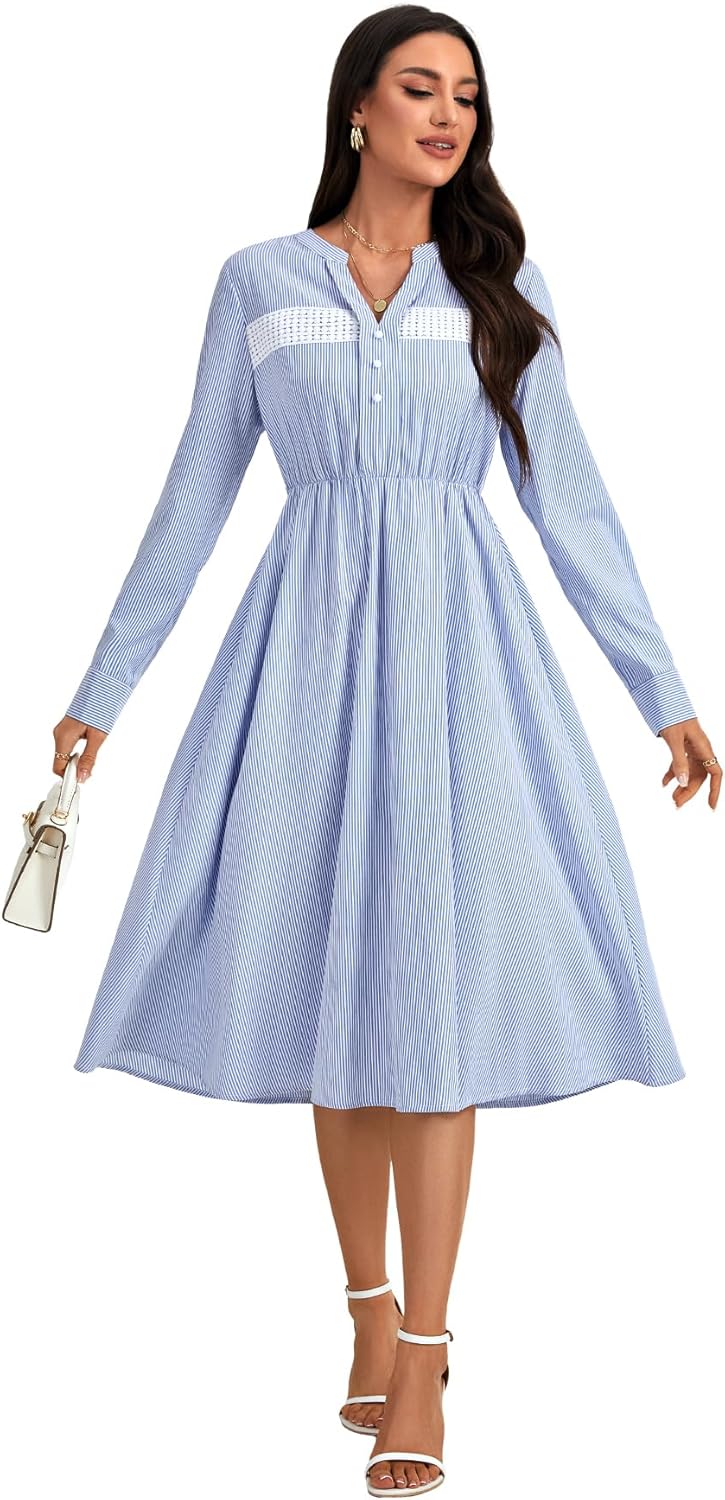Vrtige Women's Stripe Long Sleeve Button V Neck Pleated Waisted A Line Midi Shirt Dress - Image 6