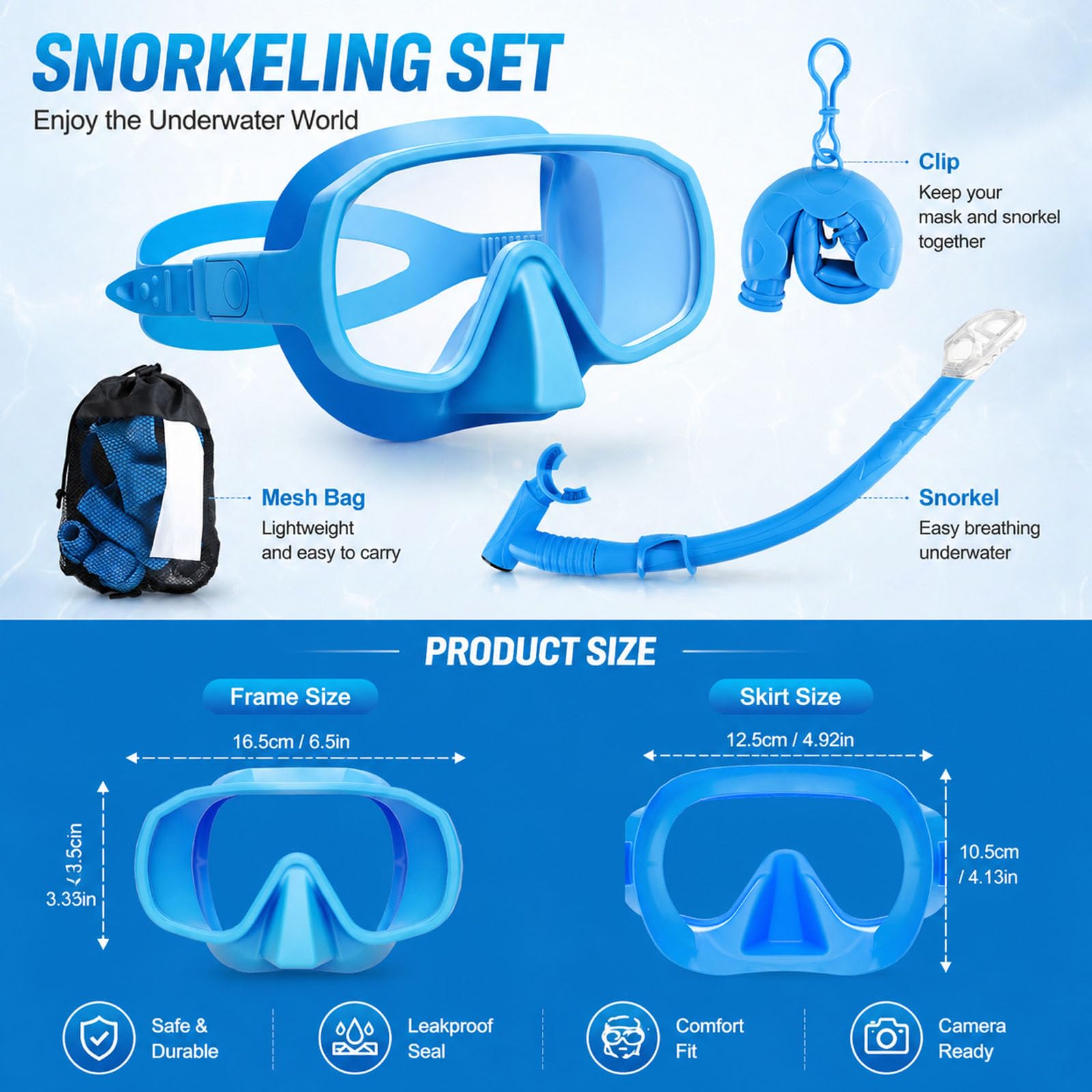 Ensemble de Snorkeling Pgtc pour Adultes, Masque de plongée sans Cadre avec Vue panoramique Ultra-Large, Verre trempé Anti-buée, équipement de plongée Portable avec Sac de Transport