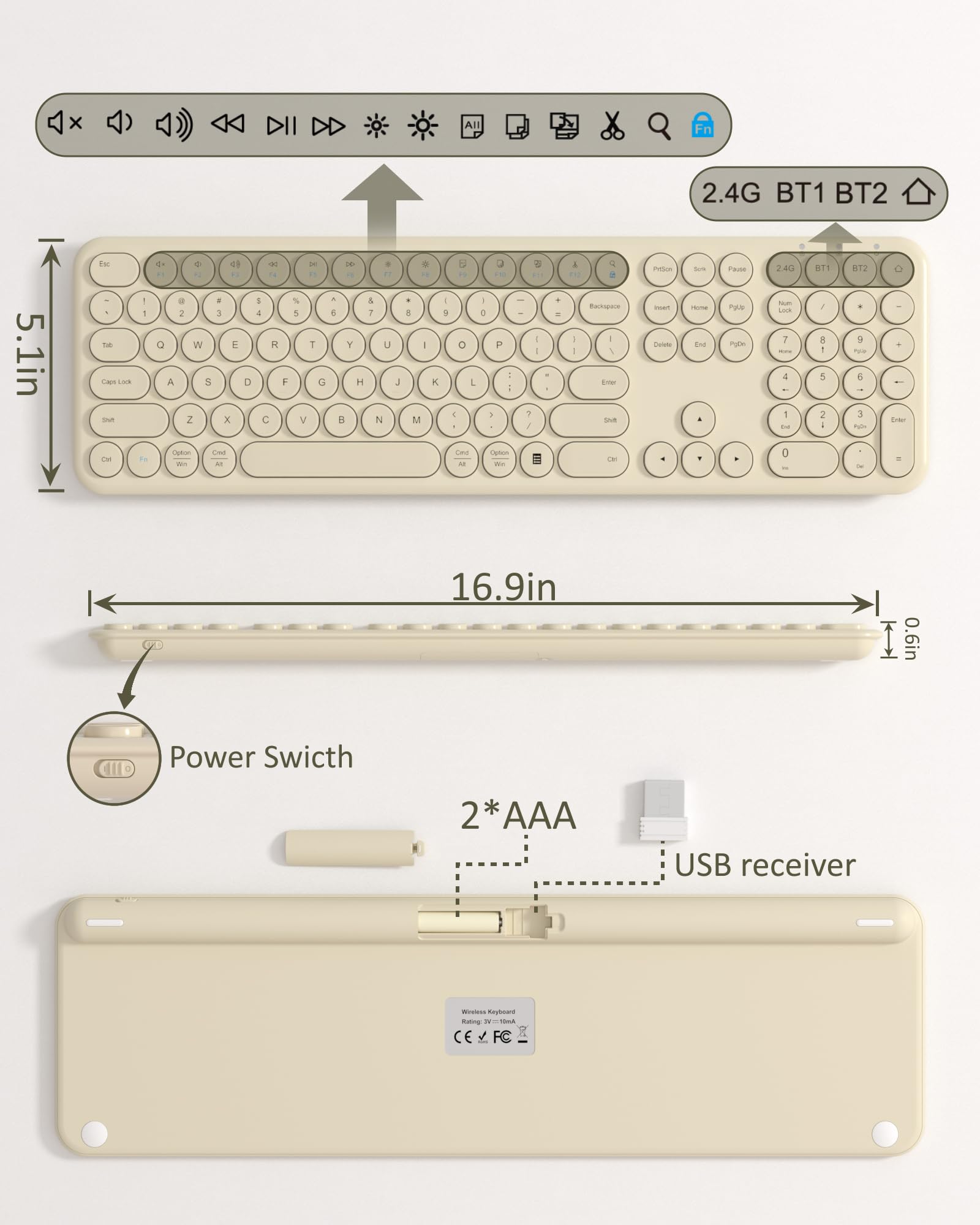 Teclado Bluetooth silencioso – Teclado inalámbrico estético multidispositivo – 110 teclas de tamaño completo delgado lindo teclado para laptop, computadora, PC, portátil, Windows, Mac OS, Android