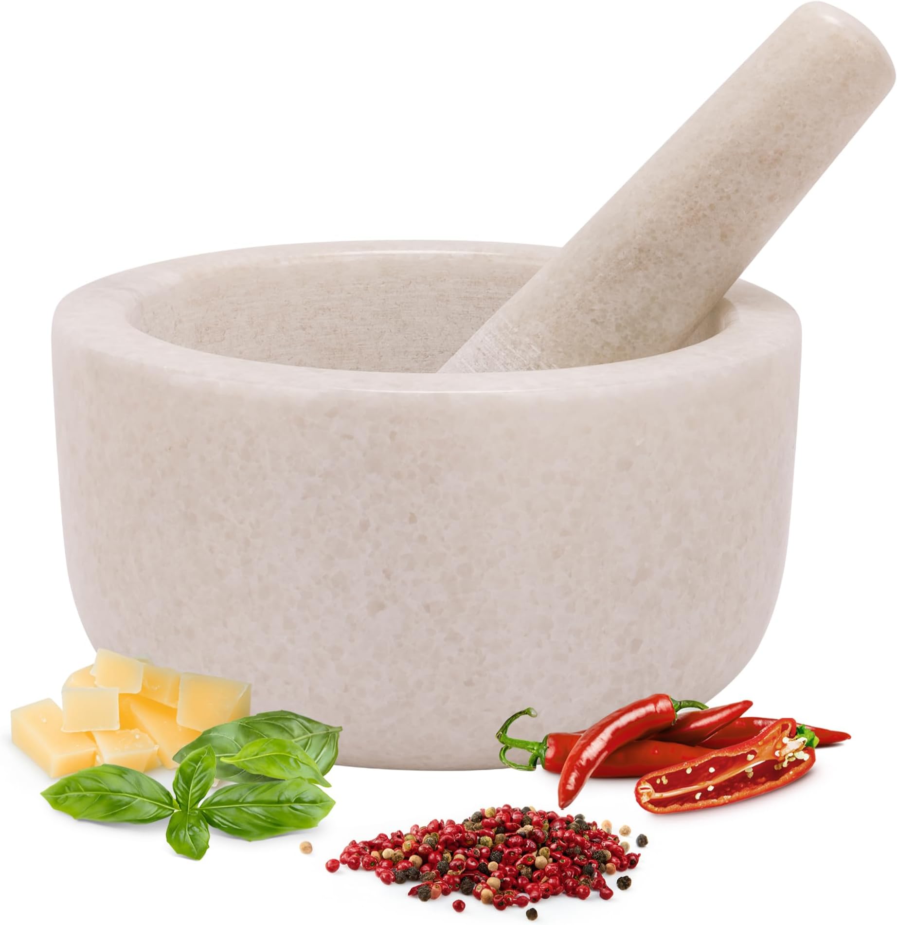 Alliance Mortar and Pestle Set - Premium Stone Pestle and Mortar Grinder - Spice Herb Small Grinder for Kitchen - Pesto Guacamole Maker - 18cm (7.1") Diameter - White Marble
