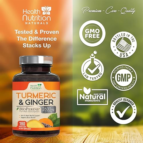 Miniatura 4 de Curcumina de cúrcuma con BioPerine 95% curcuminoides estandarizados 2600 mg  Pimienta negra para máxima absorción, apoyo articular premium, extracto