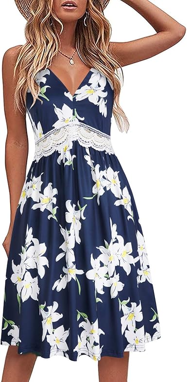 LAISHEN Women's 2023 Summer Beach Dress Floral Spaghetti Strap V Neck Lace Flared Casual Sundress