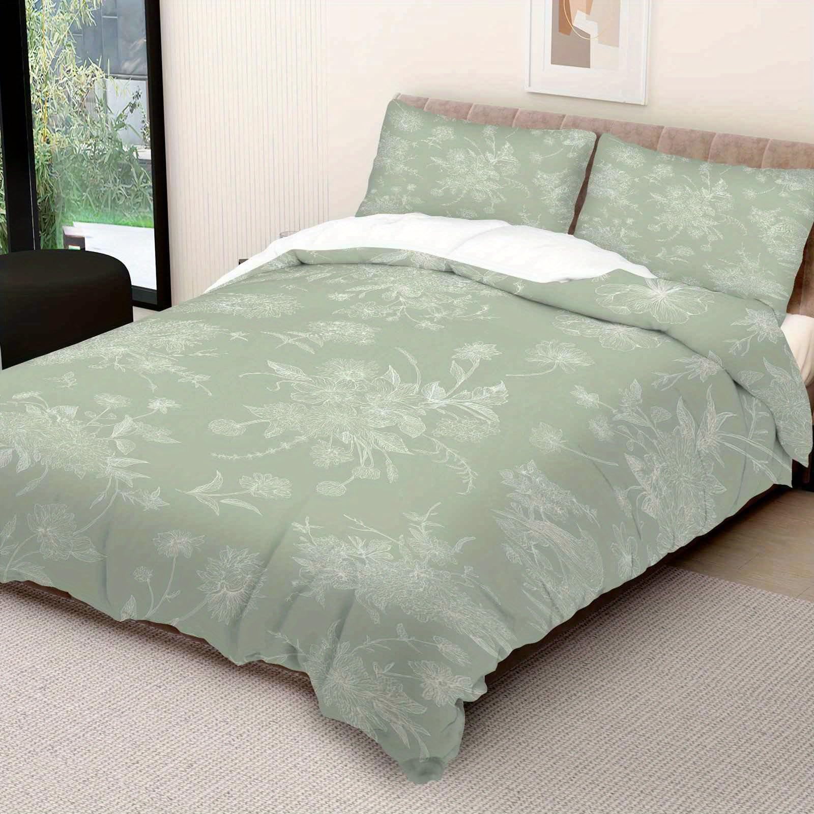 Housse de couette 240x260 vert sauge floral et ses 2 taies d'oreiller assorties