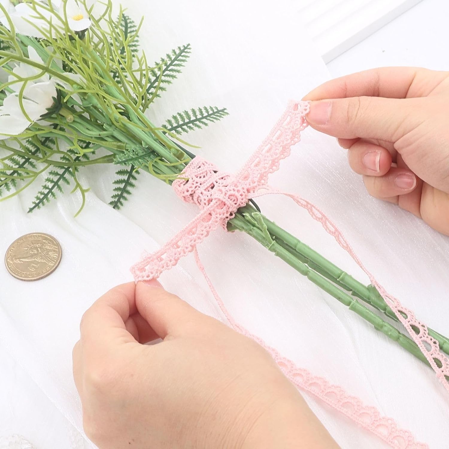 Bijou Joon 15 Yards Crocheted Pink Lace Trim Ribbon Vintage Lace Trim Crochet Ribbon DIY for Sewing Crafts Border Decoration Embellishments Encajes Accessories Edging