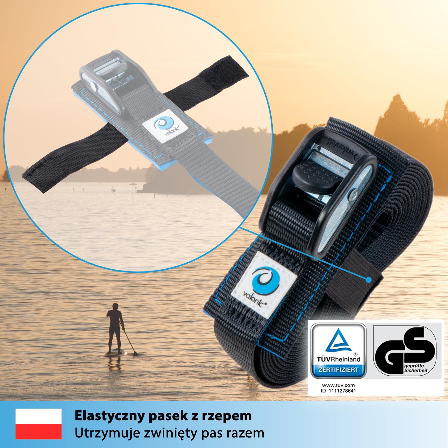 valonic Dolphin - 2x 2m Pasy mocujące, 25mm, 500Kg, wyściełane, certyfikat TÜV Rheinl. / GS, EN-12195-2 - Pas mocujący z zamkiem zaciskowym do samochodowego bagażnika dachowego, deski SUP
