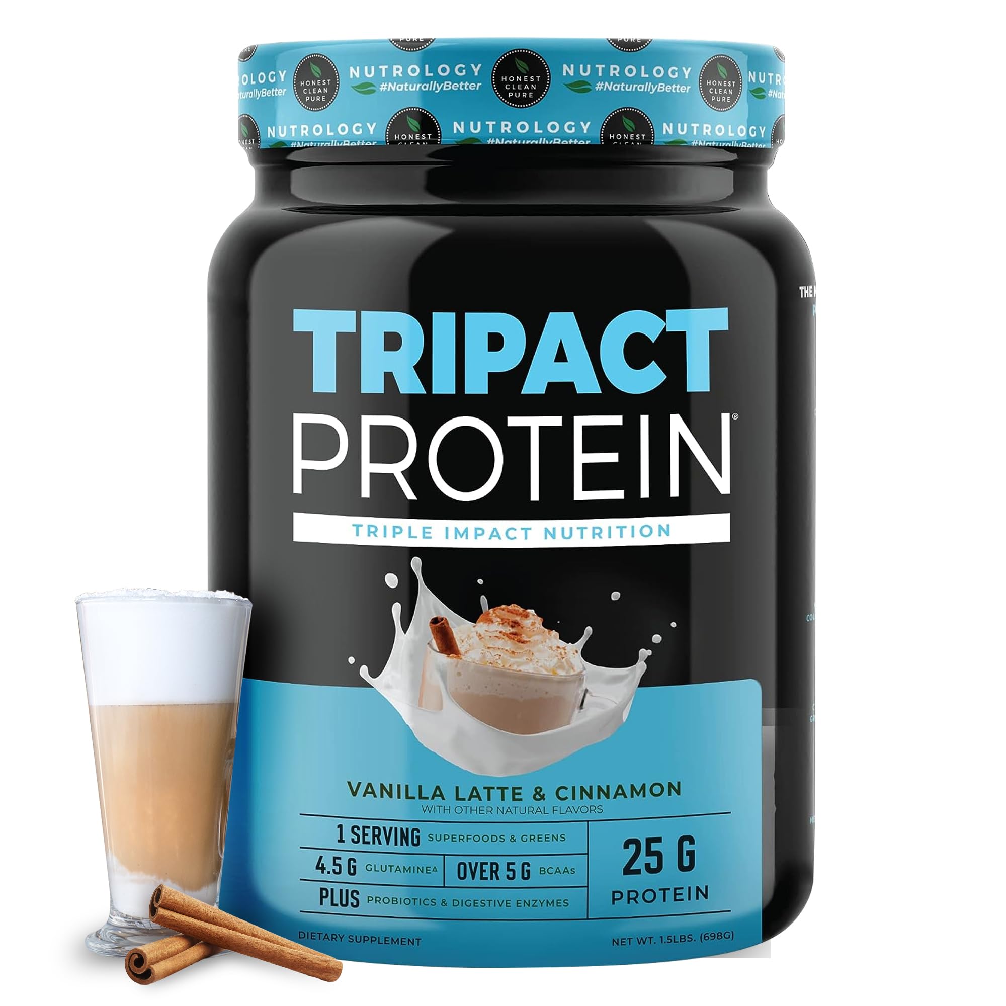 Nutrology TRIPACT Protein Powder, Vanilla Latte & Cinnamon Flavor, 7-in-1 Meal Replacement Shake with Grass Fed Whey Protein Powder, Pea, Rice, Greens, Probiotics & BCAAs, Amino Energy, 20 Servings