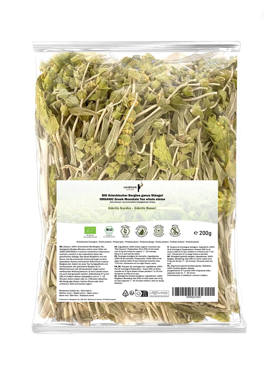 Minotaur Herbs | Bio Griechischer Bergtee 200g | Ganze Stängel, aus den Bergen Griechenlands | Premium Qualität aus kontrolliert biologischem Anbau