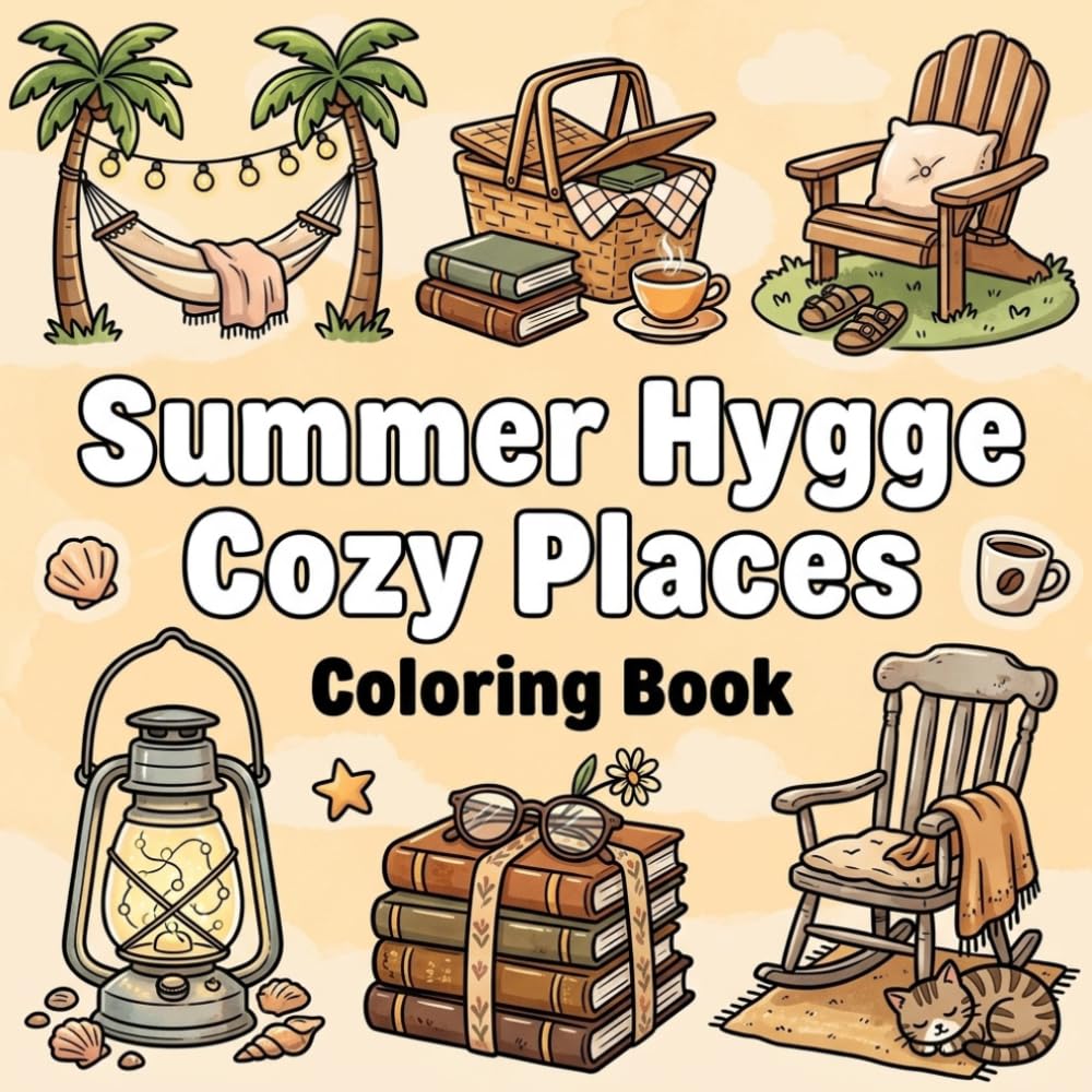 Summer Hygge Cozy Places Coloring Book: Bold and Easy Relaxing Summer Scenes for Adults and Teens Featuring Cute Cozy Spaces and Stress Relief Coloring Pages