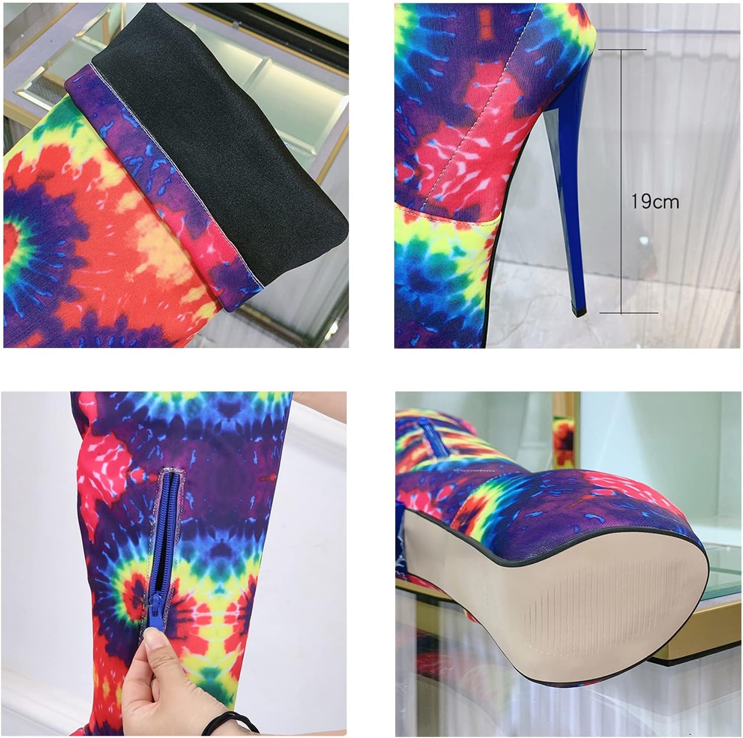 19CM Women's High Heel Over The Knee Boots Thick Sole Round Toe Stiletto Heel Zipper High Heels Sexy Tall Nightclub Stripper Performance Shoes Large Size