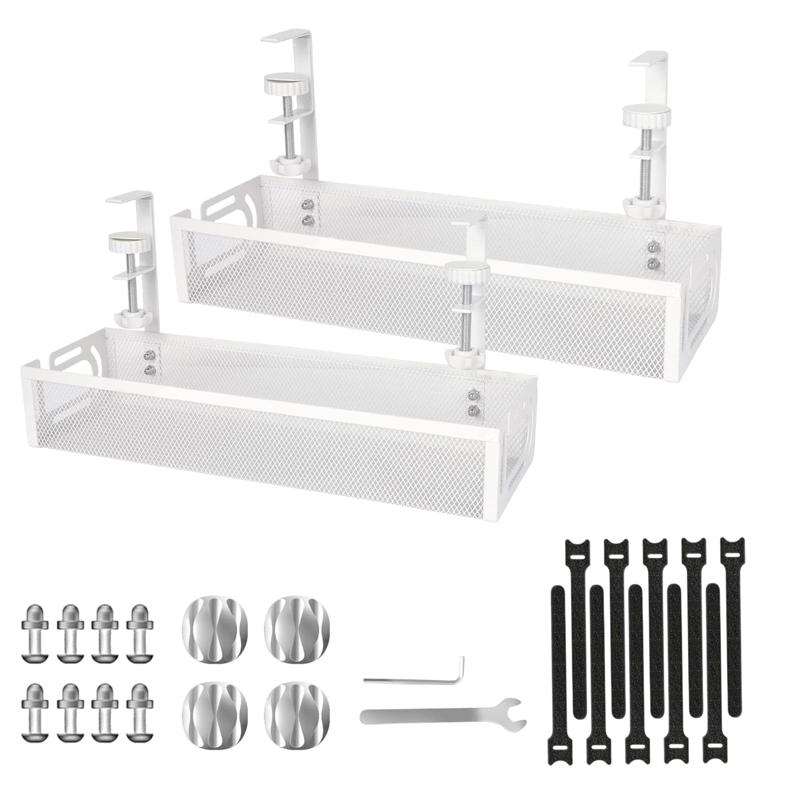Under Desk Cable Management Tray No Drill Metal Mesh Cables Organiser with Clamp Mount Wire Management Tray for Cords Power Strips Cord Organizer, Wire Organizer for Homes, Offices (2Pcs, White)