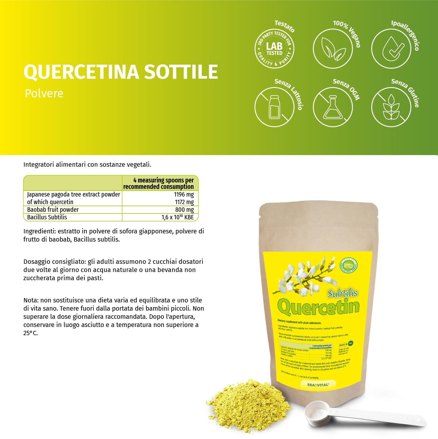 Quercetina Subtilis en polvo con acompañantes importantes - Baobab Fruta en polvo (un buen proveedor de vitamina C) y Bacillus Subtilis (para el equilibrio de la microflora intestinal). Vegano (500 g