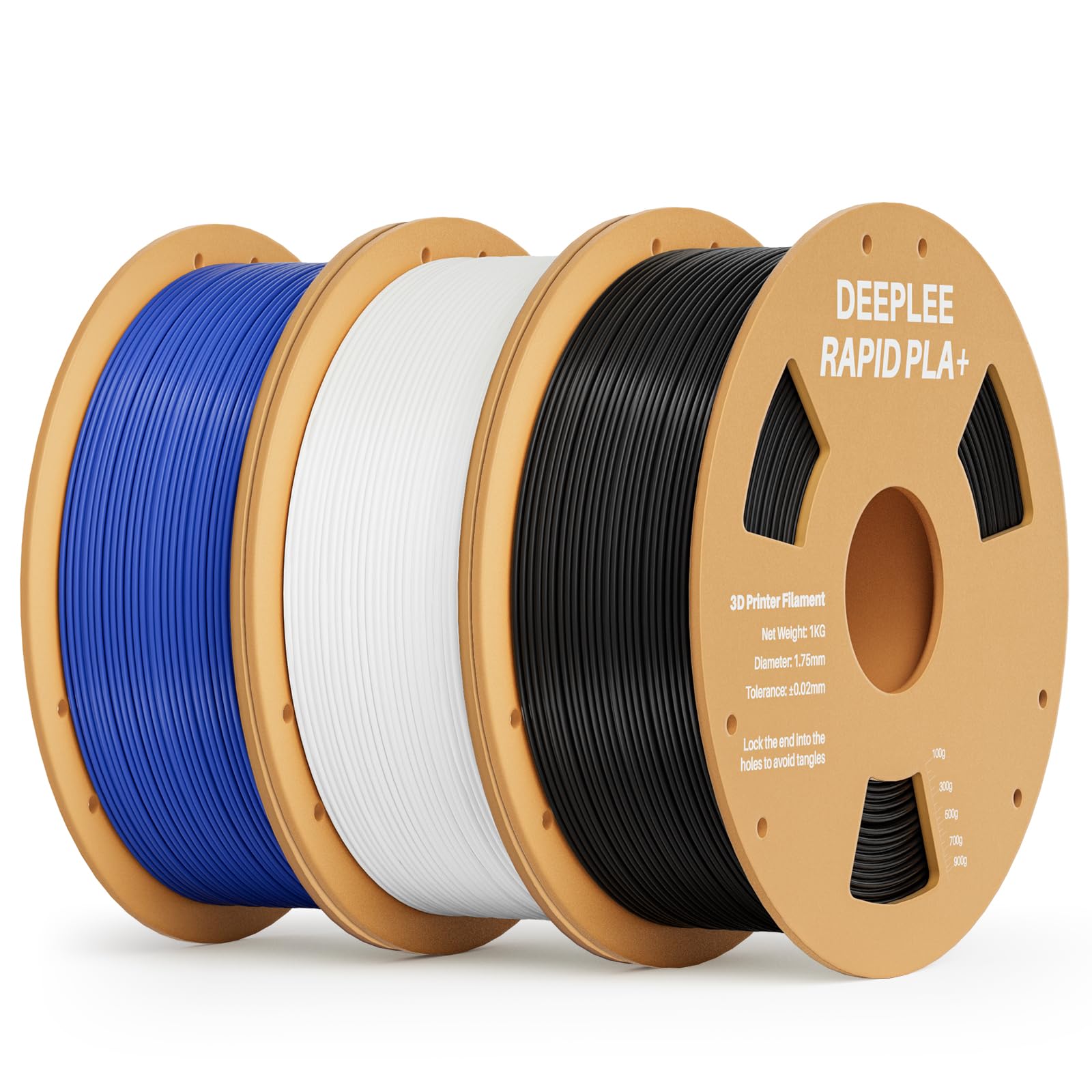 DEEPLEE Szybka filament PLA+ 1,75 mm, wysoka prędkość do 600 mm/s, czarny + biały + niebieski (3 x 1 kg), dokładność ± 0,02 mm do drukarek 3D FDM