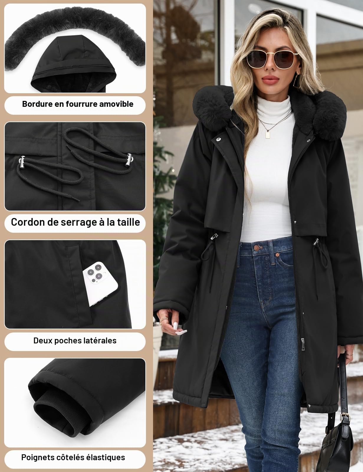 Yuson Girl Manteau Femme Hiver Veste Doublure Polaire Chaude Parka Capuche | Longue Rembourrée Blouson Épais, Coupe-vent d'Extérieur Chic Mi-longue Manteau, Manteaux avec Zippé et Poches