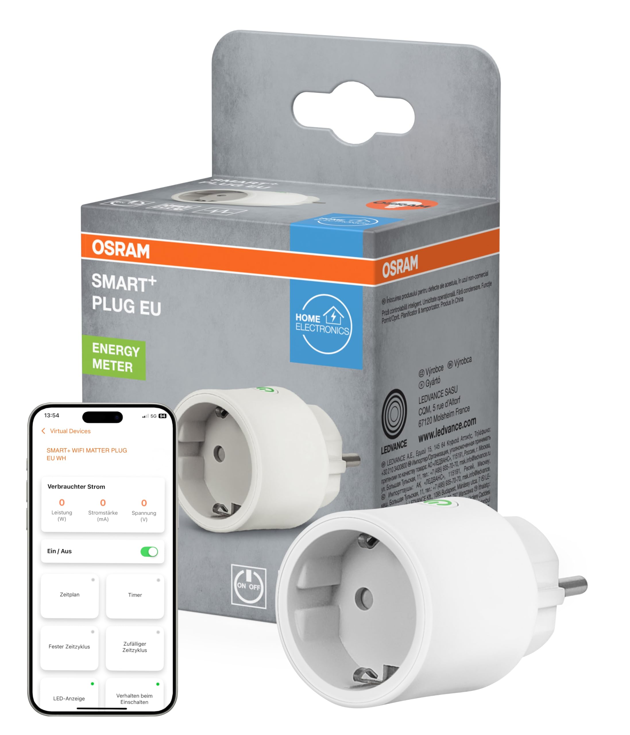 OSRAM SMART+ WiFi Matter Plug EU Steckdose, 2300W, 10A, IP20, weiß, Alexa, Google Home, Apple HomeKit