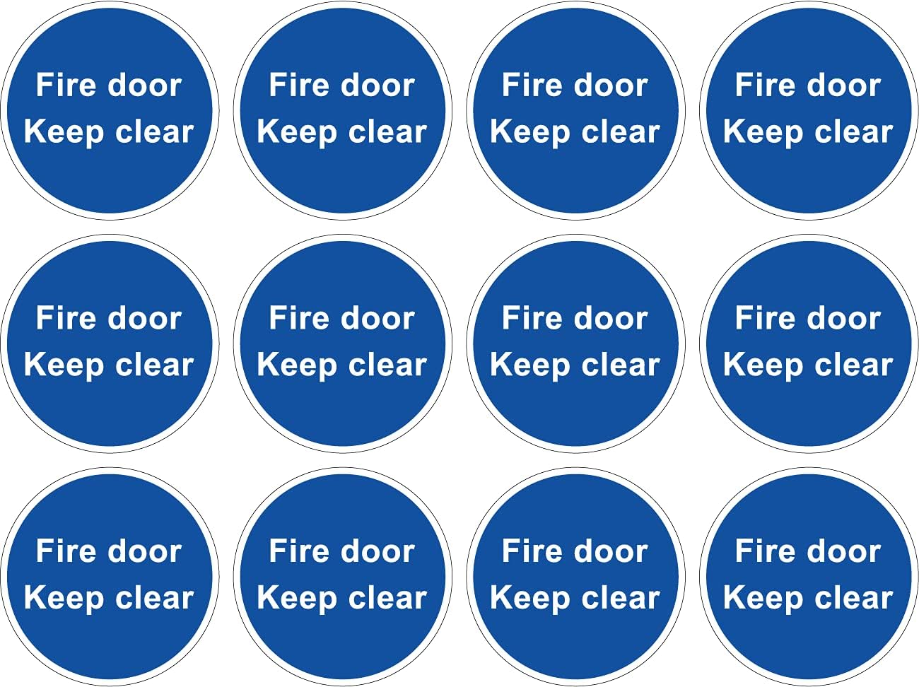 Pack of 12 self adhesive, 80mm diameter, self adhesive vinyl, Fire door Keep clear signs