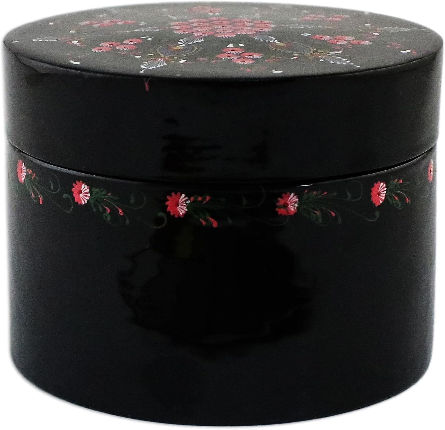 NOVICA Artisan Handmade Decorative Wood Box Black Pink Floral Round Lacquered Woodmango Thailand Accessories Boxes Painted Lacquerware [3in H x 3.9in Diam.] ' Floral Abundance' image 2
