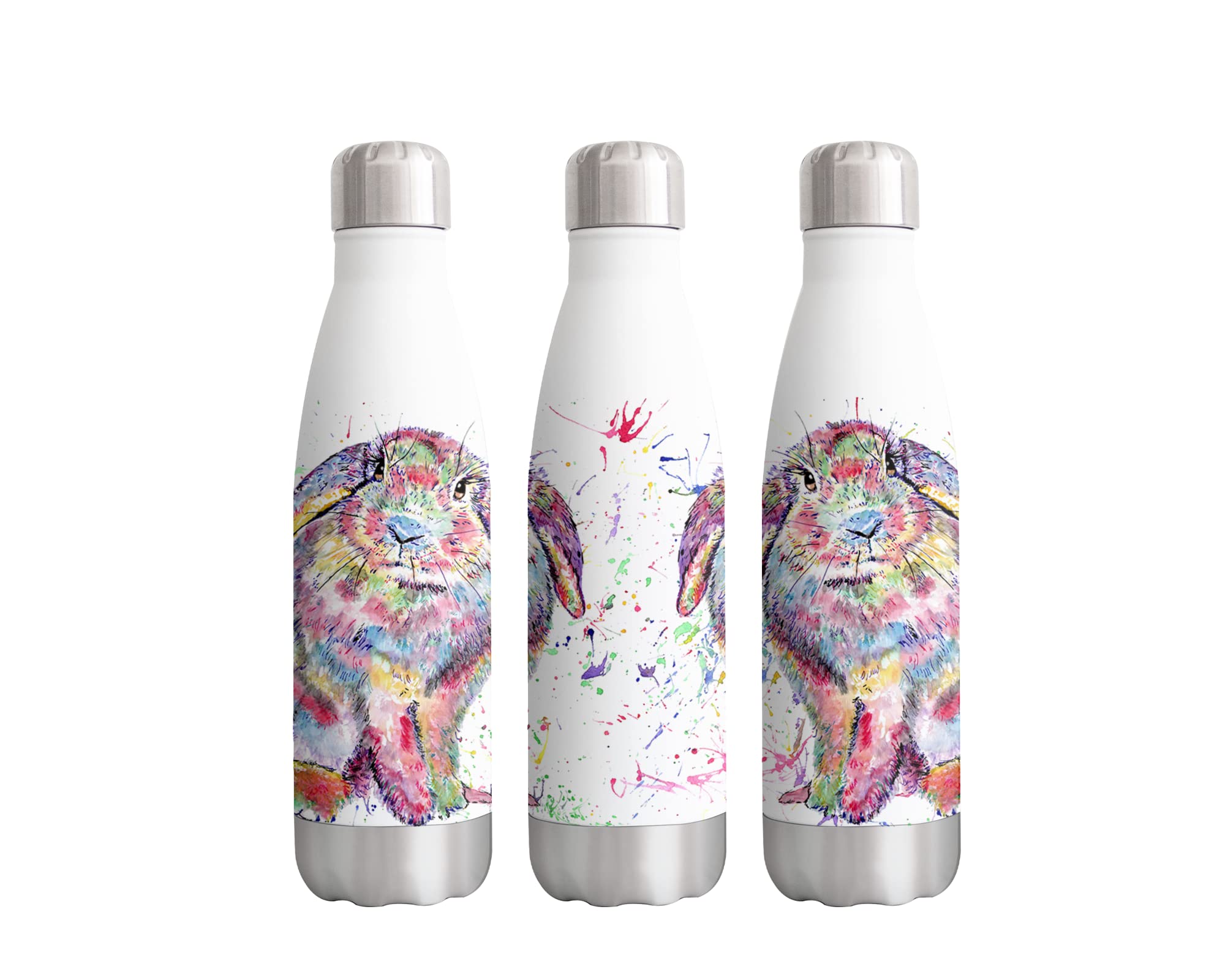 Vixar White Lop Rabbit Bunny Eared Animals Watercolour Rainbow Art Bottle Double Wall Insulated Stainless Steel Sport Drinks 500Ml Gift Ideal For School Work Office Oudoor Sports Keeps Hot And Cold Drinks