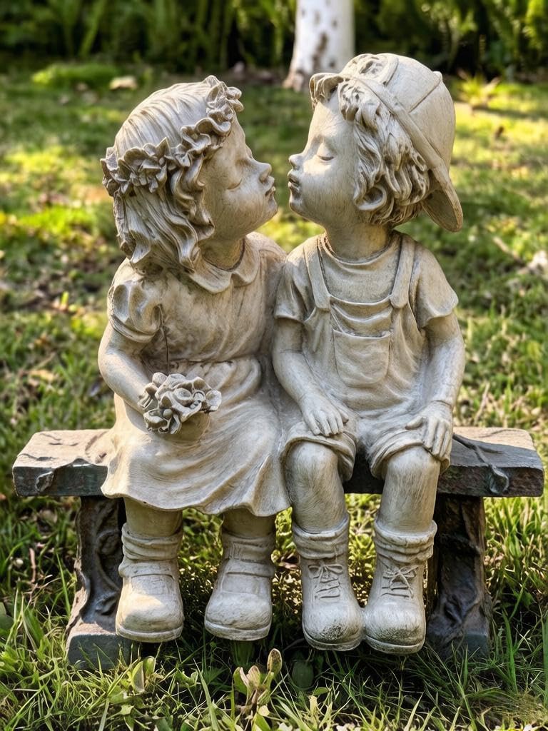 First Kiss Garden Outdoor Statue Decorative, Flower Bed Decor Puppy Love Kissing Couple, Boy and Girl Kissing Garden Figurine for Yard Patio Art
