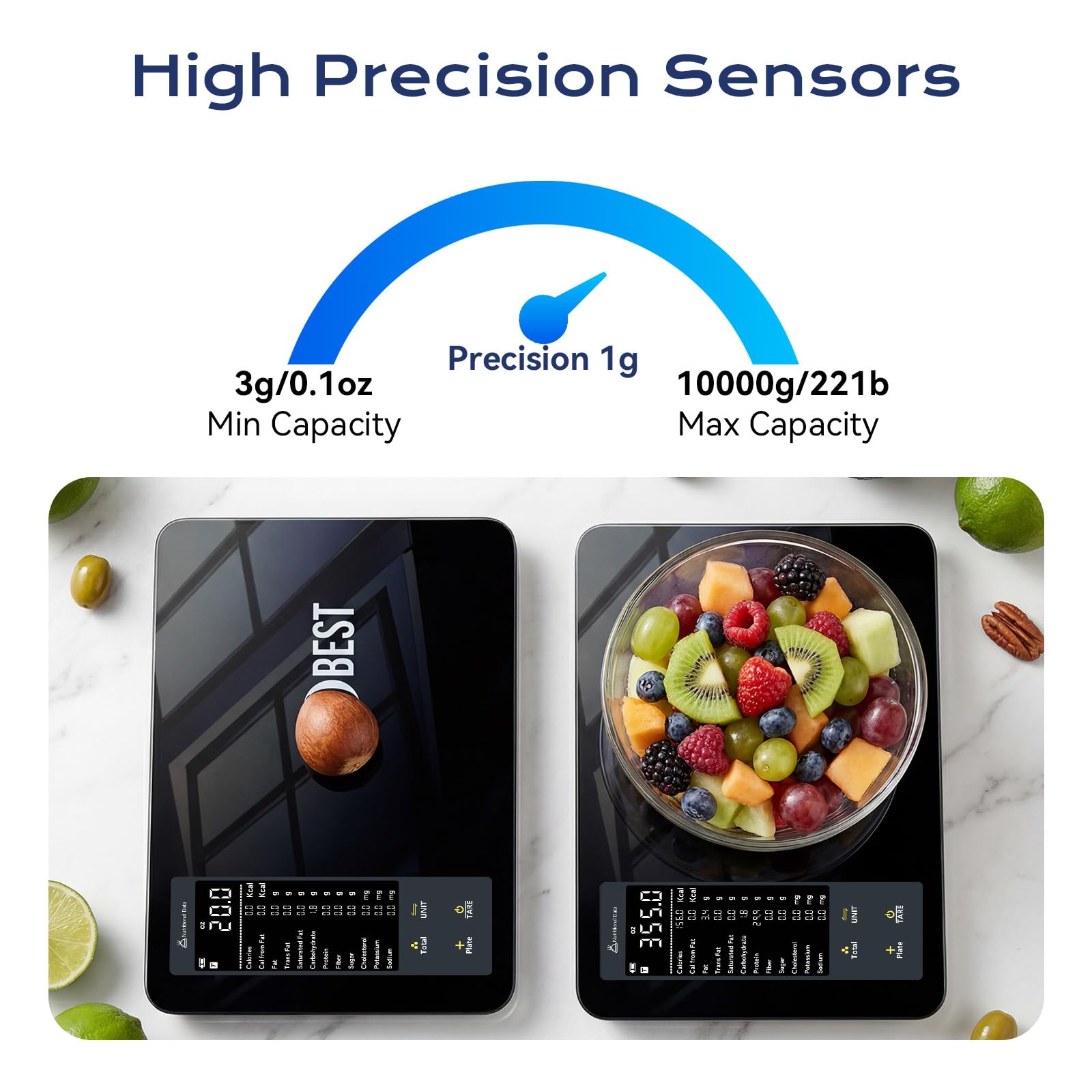 OBEST Balance de Cuisine Numérique avec Suivi de 30 Nutriments, 10kg/1g | Balance Intelligente avec Calcul Calories, Bluetooth Balance Alimentaire pour Perte de Poids, à Ecran LCD, Tara Fonction