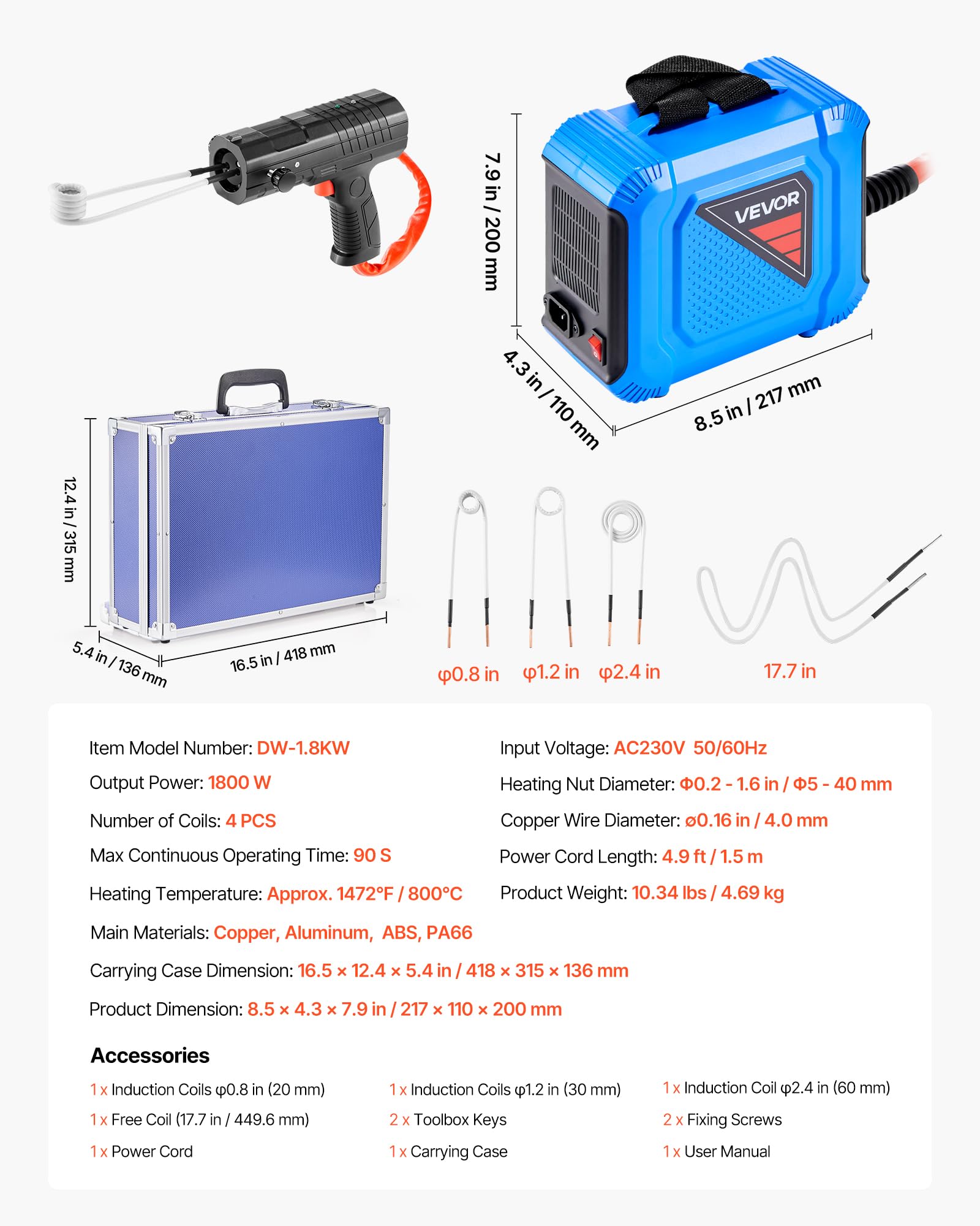 VEVOR Rimozione Bulloni Riscaldatore a Induzione, 1800 W 230 V, Strumento Portatile per la Rimozione di Dadi, Mini Macchina Riscaldante per la Rimozione di Viti Arrugginite, con 4 Bobine