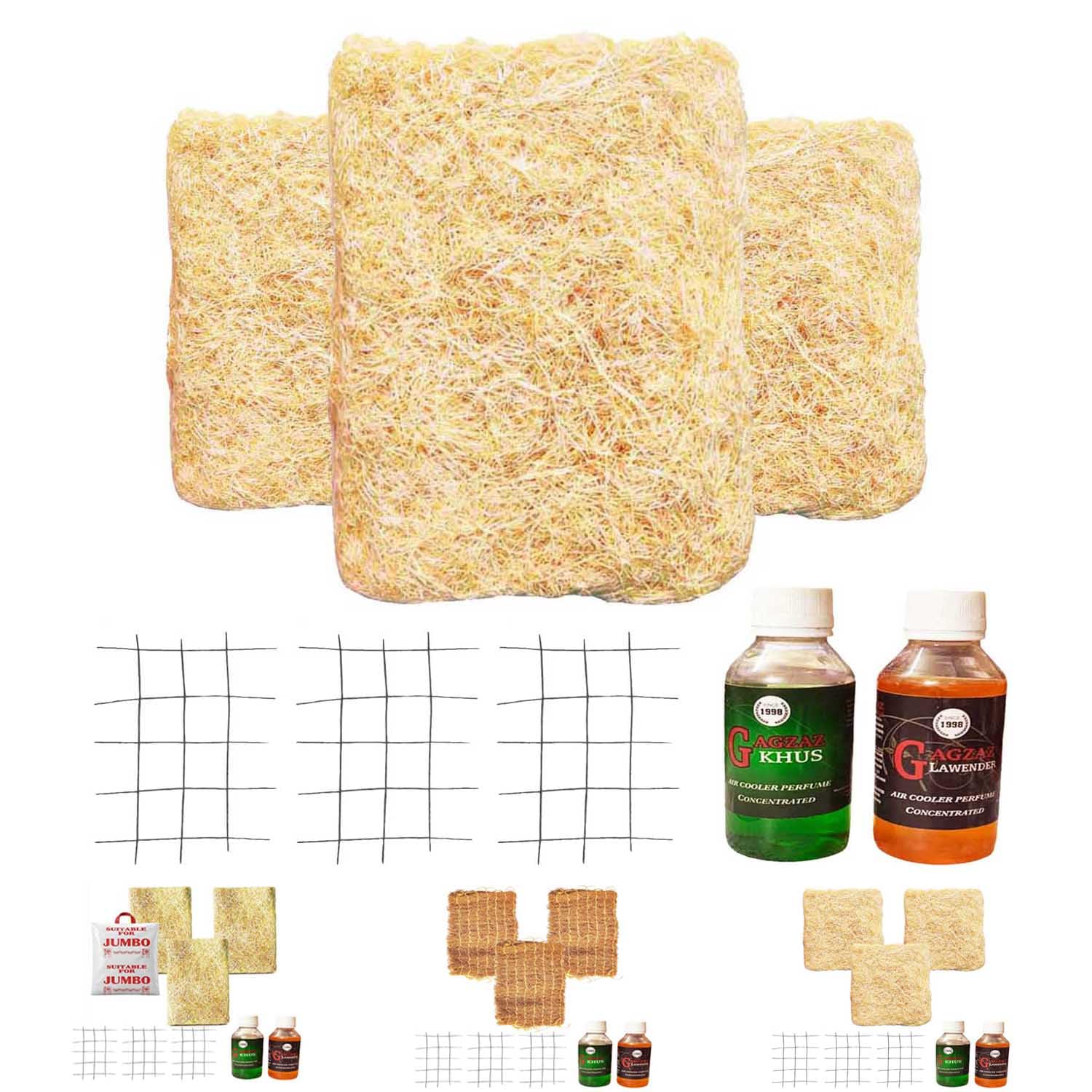 Air Cooler Standard Grass Cooling Pads – 18 x 28 Inches (46 x 70 cm) | 1 Set (3 Pads) | Includes 3 Iron Meshes & 2 Perfumes | Suitable for All Desert Air Coolers-image-45