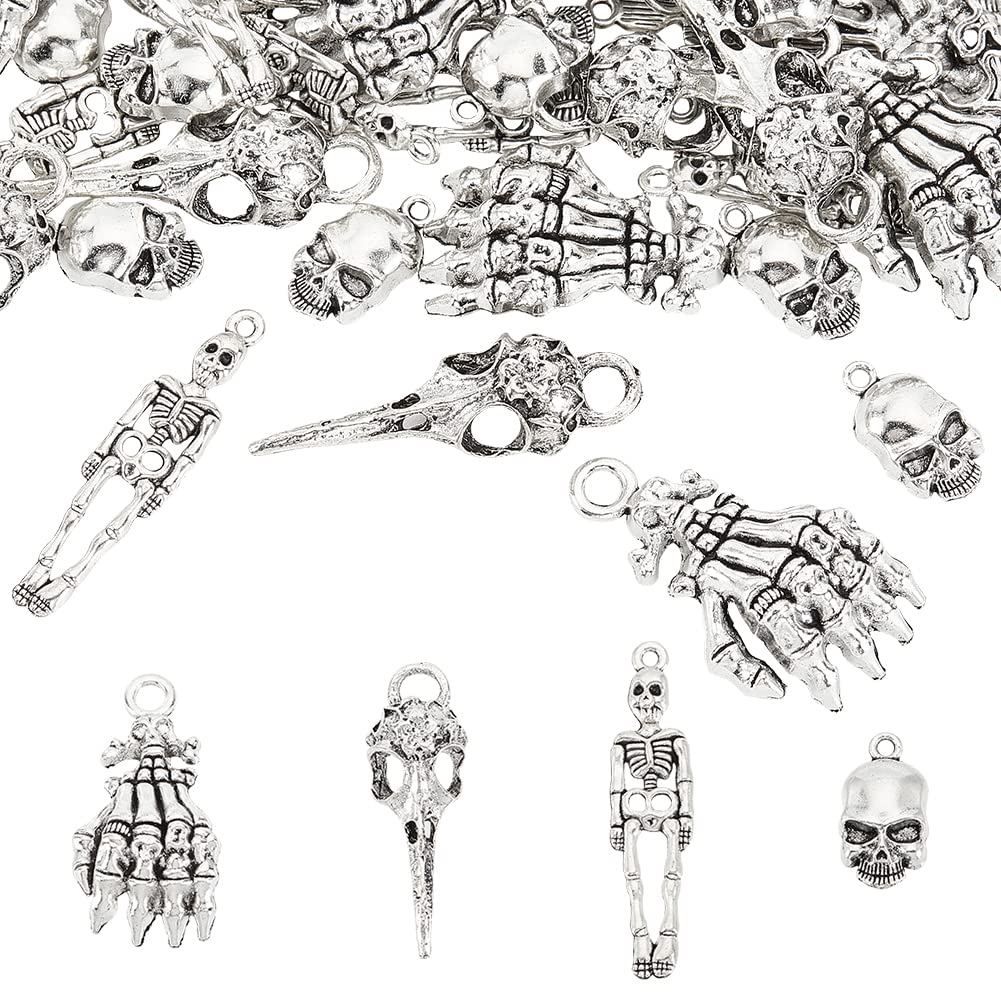 FINGERINSPIREFINGERINSPIRE 60 Pcs Styles Metal Skeleton Skull Hand Claws  Charm Alloy Bird Head Crow Raven Skull Pendant Tibetan Style Pendant for