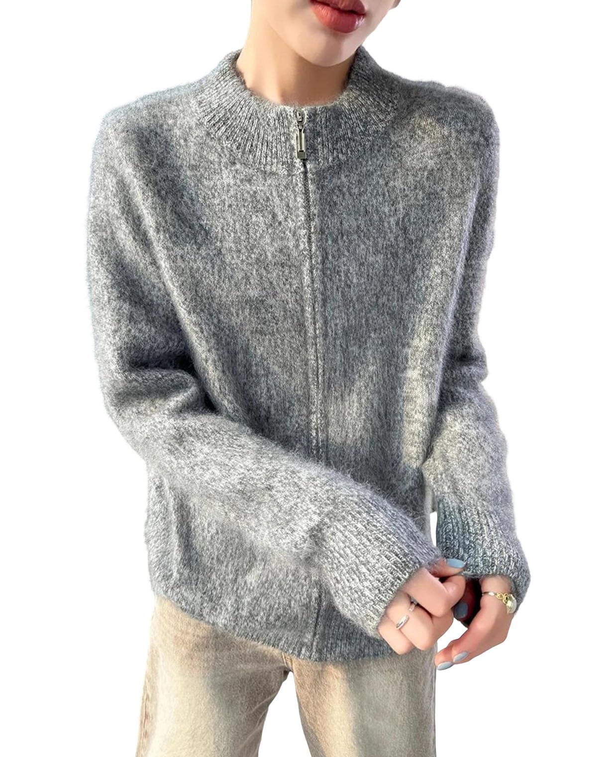 Womens Double Zipper High Neck Knitted Cardigan Sweater Jacket Long Sleeve Loose Fit Coat