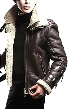 Unisex Moto Sheepskin Fur Double Collar Brown Aviator Bomber