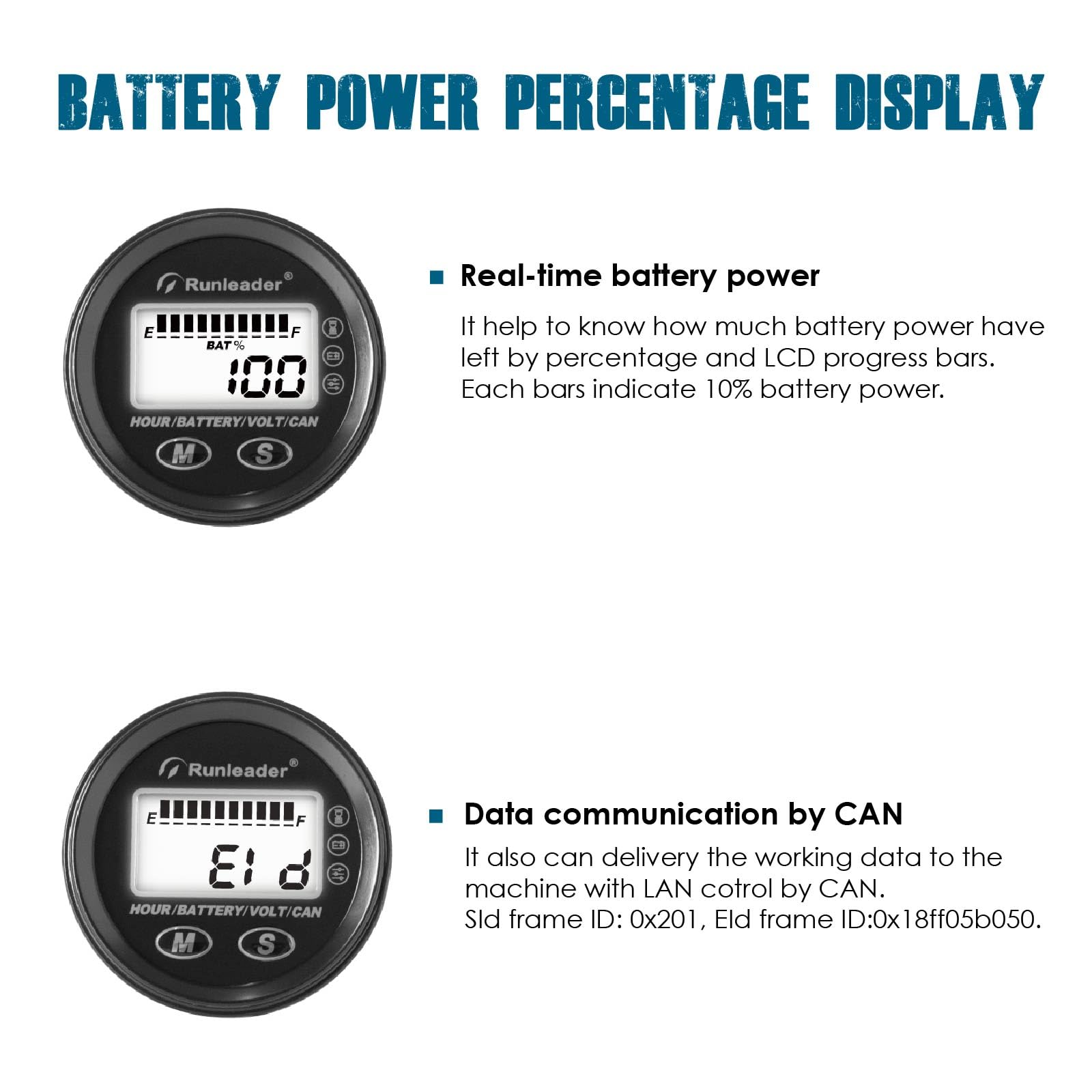 Runleader Indicateur de niveau de batterie LCD 12 V à 48 V, jauge d'heures et de tension, communication de données CAN – Convient pour le type de batterie plomb-acide LiFePO4 Gel Trojan AGM.