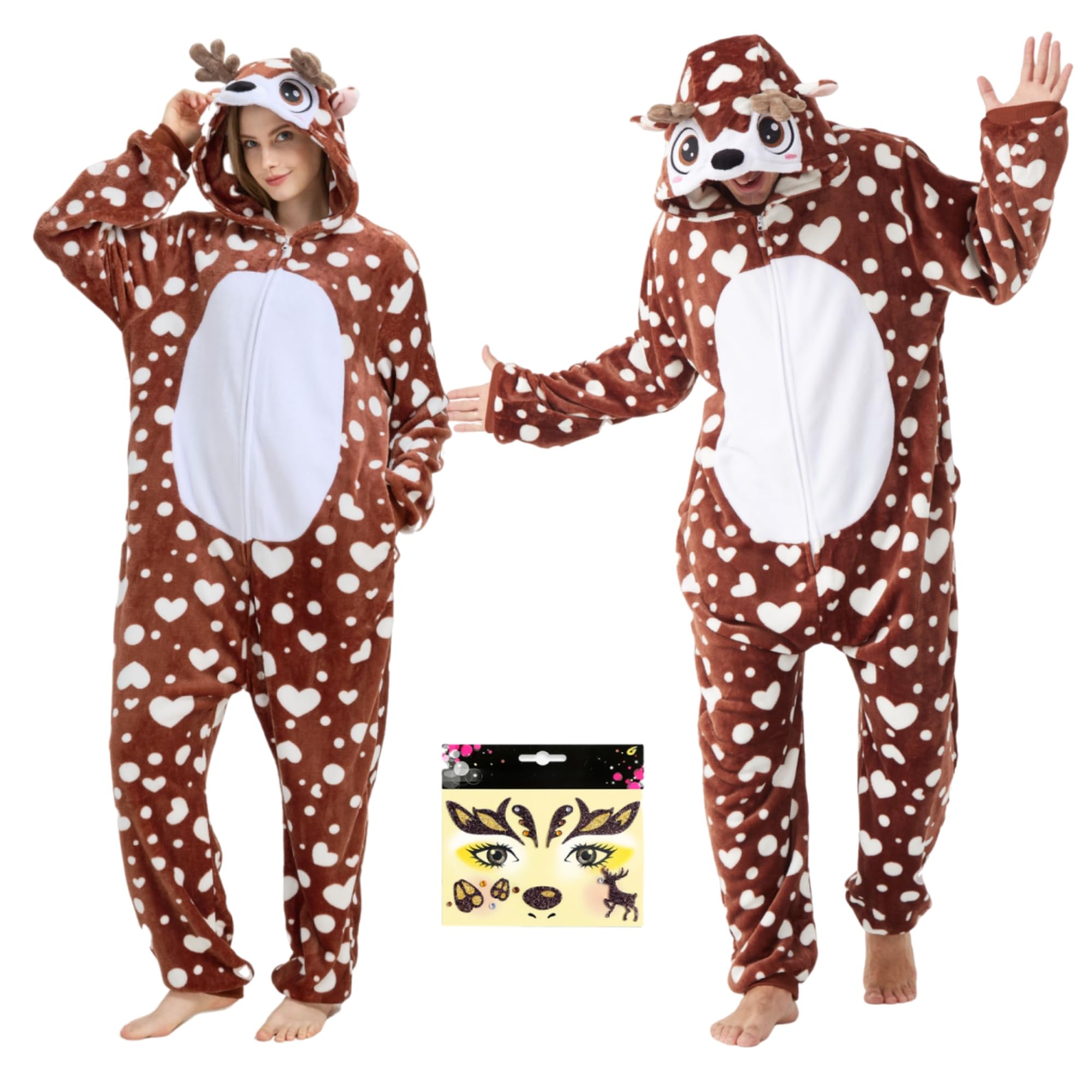 Firecos Disfraz de Ciervo Adulto Animal Mono con Capucha Unisex para Mujer Hombre Pijama de una Pieza Cosplay de Reno para Halloween Navidad
