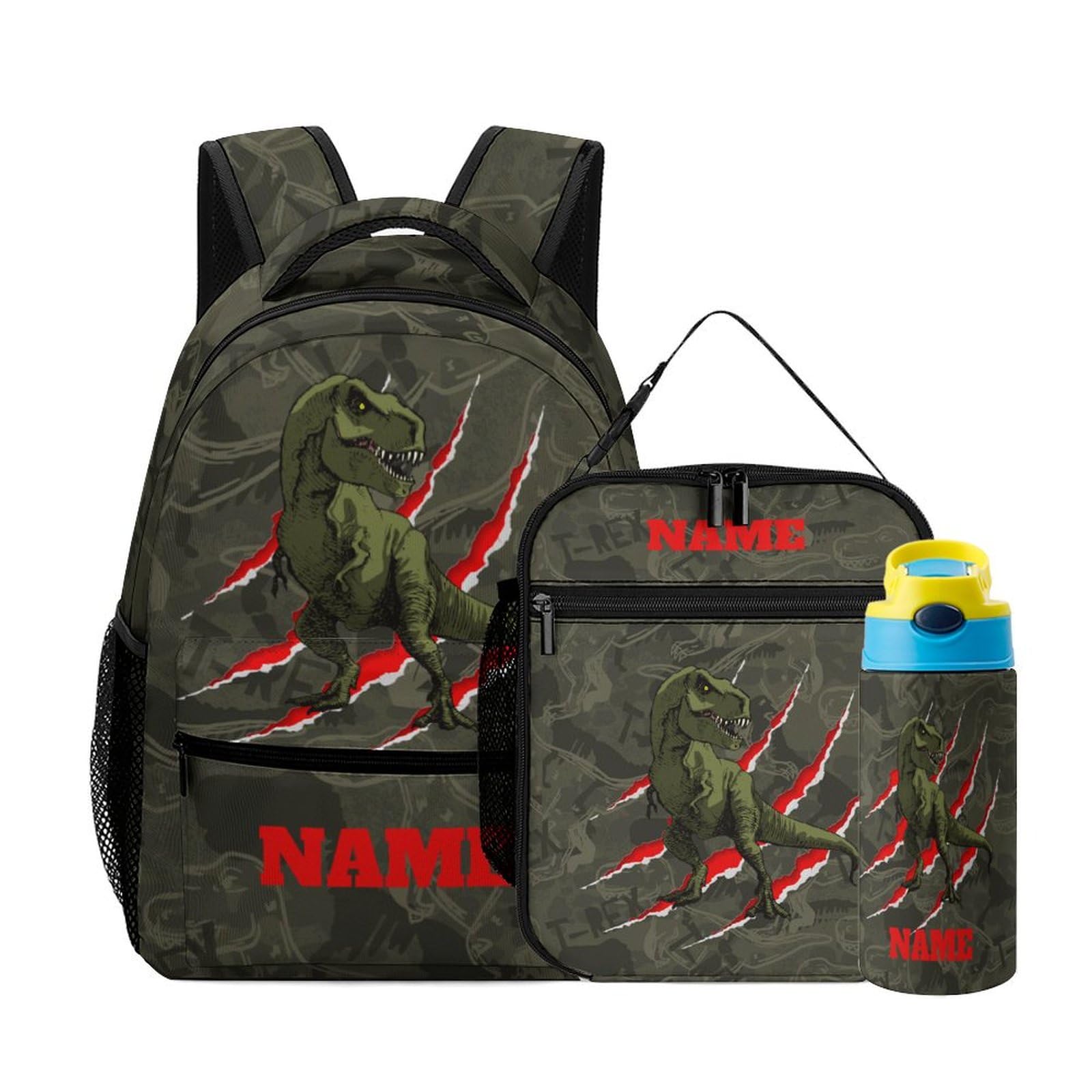 Aicihert Custom Kids Backpack Set Add Name Personalized Claw Scratch Dinosaur 3 in 1 School Bags with Lunch Box Water Bottle Customized Bookbag Back