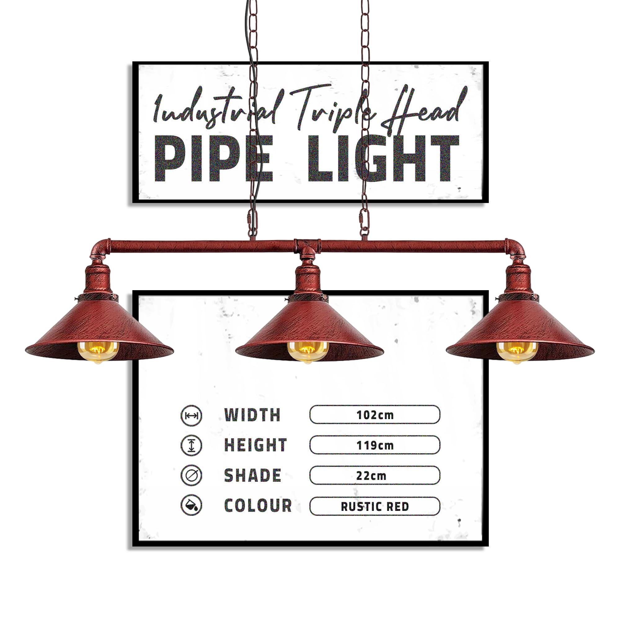 DC VOLTAGE Industrial Suspended Ceiling Pendant 3 Lamp Rustic Red Metal Water Pipe Vintage 22cm Shade with Hanging Chain Light Fitting for Living Room, Home Decor, Improvement Essential — image 1