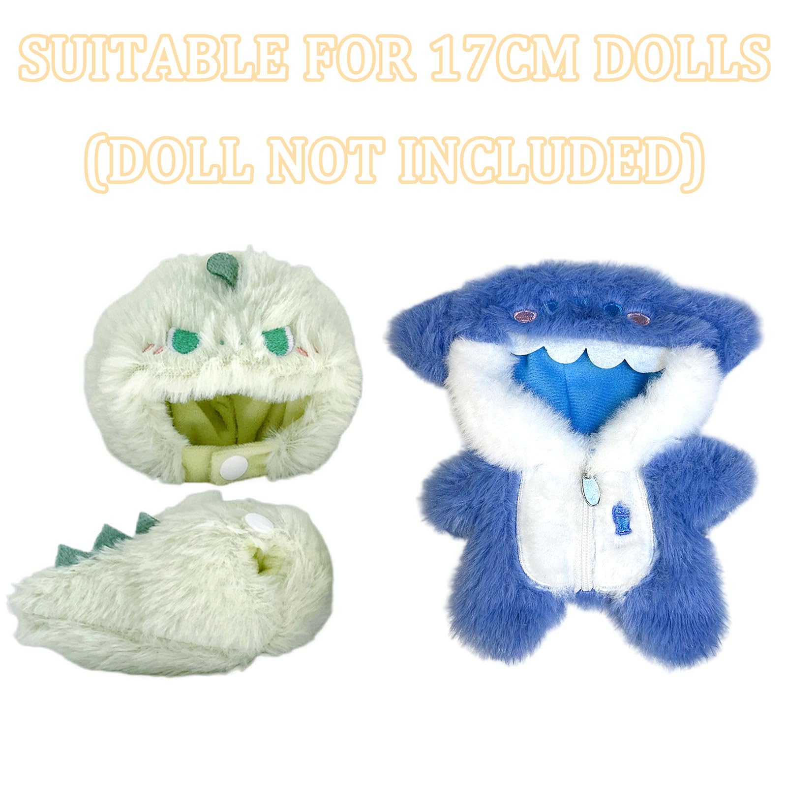 MUNKST 17cm Doll Clothes Set, 2 Pcs Lububu Doll Outfit with Shark & Dinosaur Furry Jumpsuits, Plush Doll Accessories - Image 2