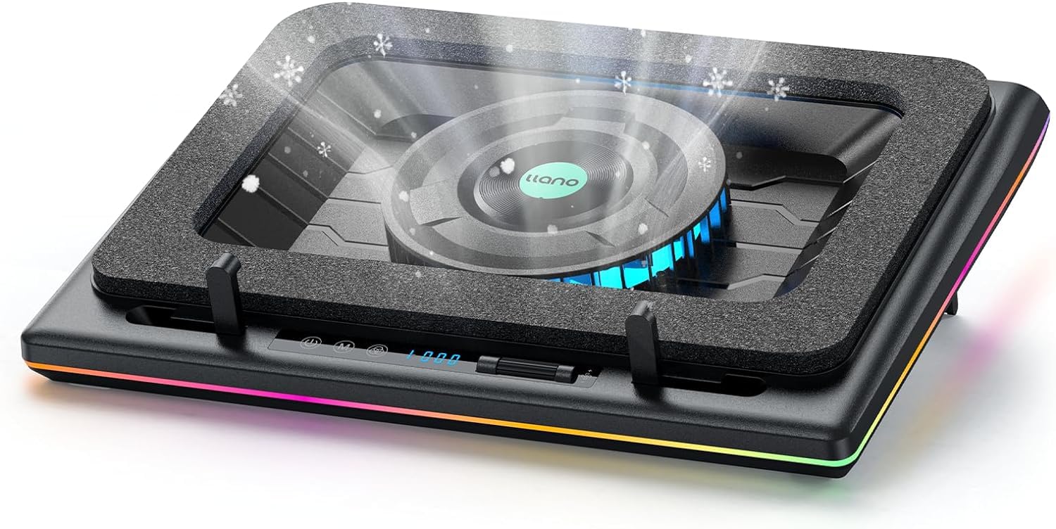 Laptop Cooling Pad with Powerful Turbo Fan, Continuously Variable RGB Gaming Laptop Cooler Radiator Touch Controls LCD Display 3-Port USB Sealed Foam